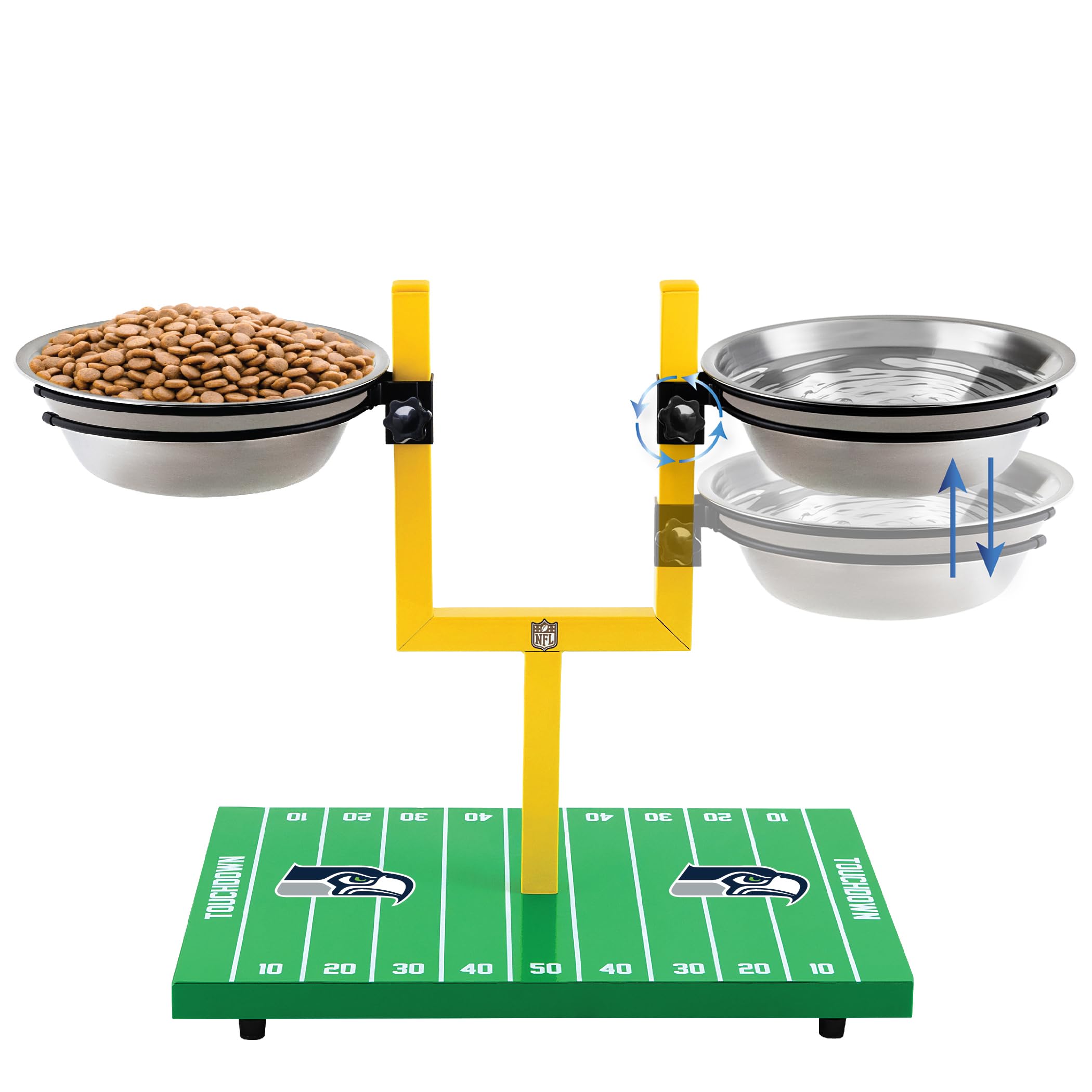 NFL Seattle Seahawks Goalpost Football Field Dog Feeder – Adjustable Elevated Dog Bowls with Stand, 2 Stainless Steel Bowls, Non-Slip Rubber Feet, Raised Pet Feeder for Large & Small Dogs, Cats. — image 1
