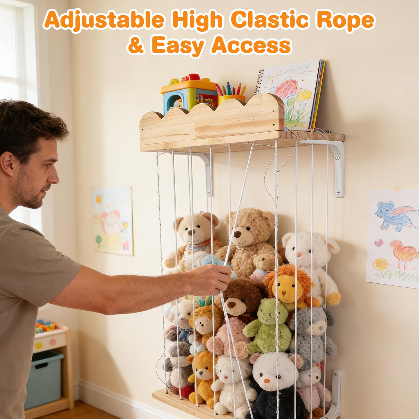 Rangement Peluche de Enfant, Mural Suspendu Range Peluche en Bois Gain de Place, 183 * 43 * 20CM Rangement Jouet Enfant pour Salle de Jeux, Chambre d'enfant, Chambre à Coucher,Hauteur Ajustable