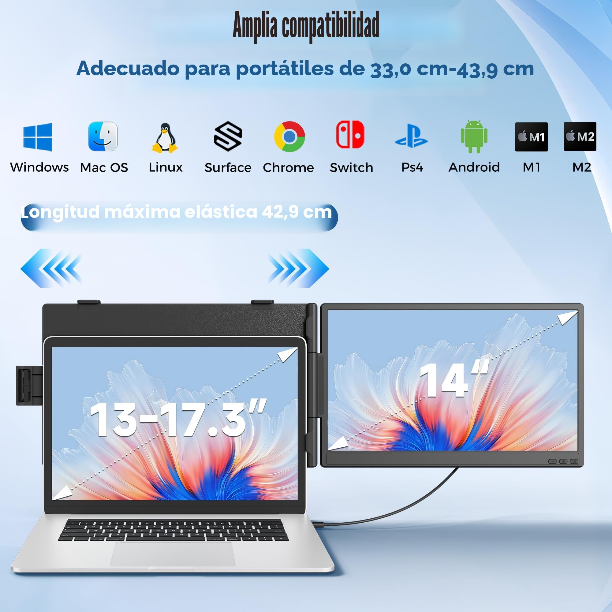 Monitor Portátil 14" IPS 1080P FHD, Pantalla Portatil Extensible para Laptops 13-17.3", Doble Pantalla para Portátil con USB-C/HDMI, Plug & Play para Mac/Android/Chrome