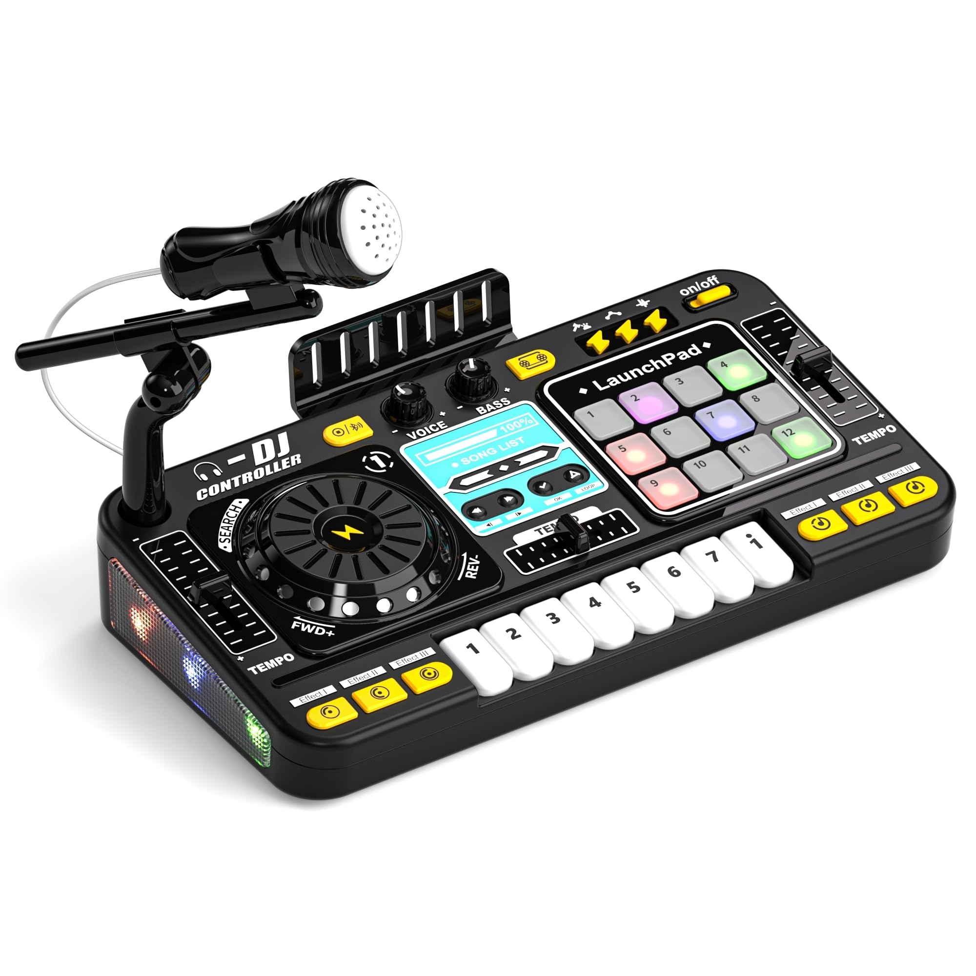 DJ Controller, Bluetooth 5.0 DJ Mixer Table, Audio Mixer DJ Board for Beginners, with Microphone, Adjustable LED Lights, 12 MIDI Songs, Whack-A-Mole Mode, Battery Powered