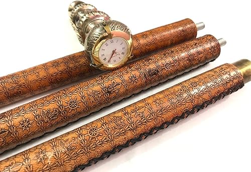 Miniatura 4 de Bastón de cuero con mango de latón antiguo de 3 cúpulas con reloj en la parte superior