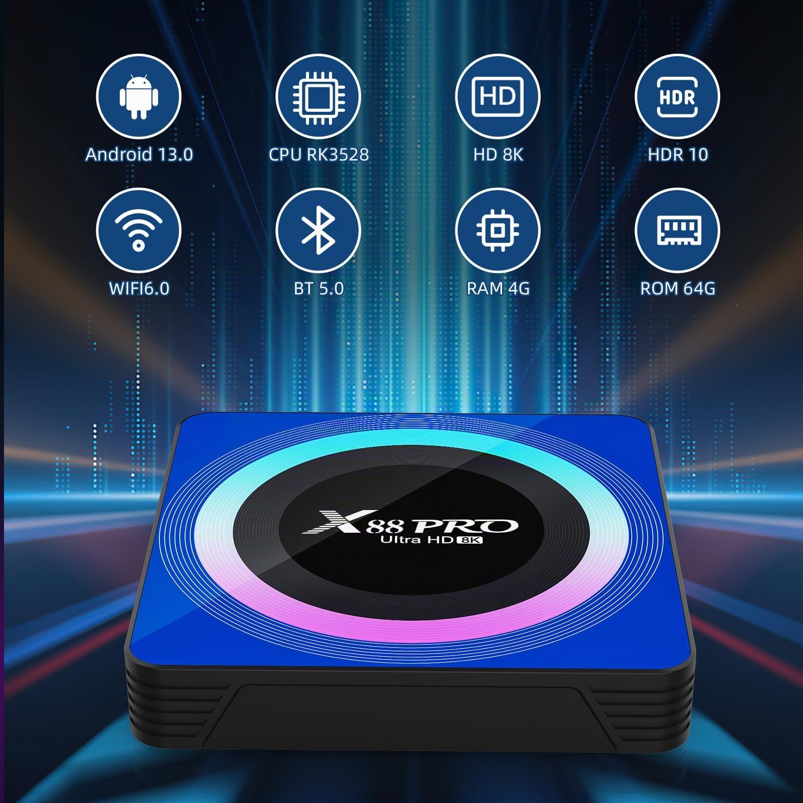 Android 13.0 TV Box, Android Box 4GB RAM 64GB ROM RK3528 Quad-Core 64bit Cortex-A53 support 2.4/5.0GHz Wi-Fi BT5.0 10/100M Ethernet HDMI 2.0 Android TV Box