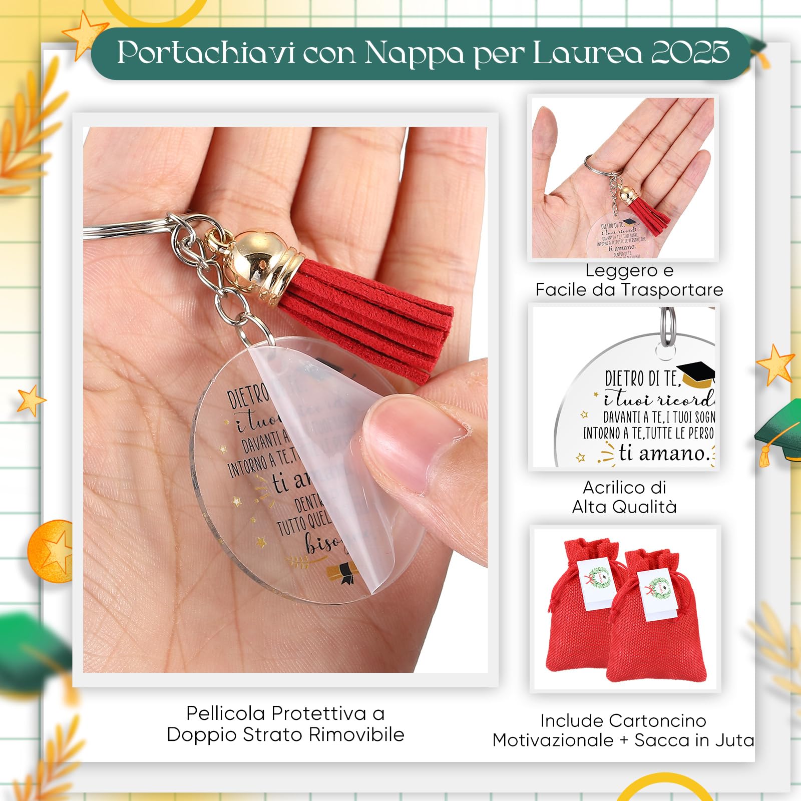 Jadive 30 Sets Bomboniere Laurea Ciondolo Bigliettini Bomboniere Portachiavi con Nappa, Sacchetti Portaconfetti Laurea, Confetti Rossi, Bigliettini con Diploma Corona d'Alloro, Regalo Festa Cerimonia