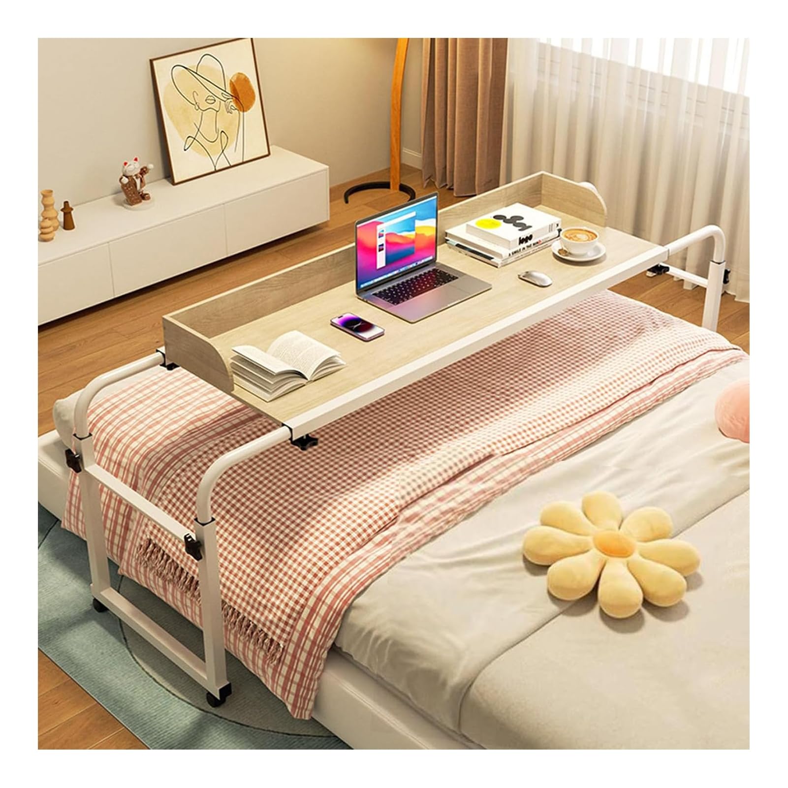 Betttisch mit Verstellbarer Höhe (65-95 cm),Laptop-Tisch für das Bett,medizinischer Beistelltisch mit Rollen,höhen- und längenverstellbarer Betttisch mit Rollen,Wood Color