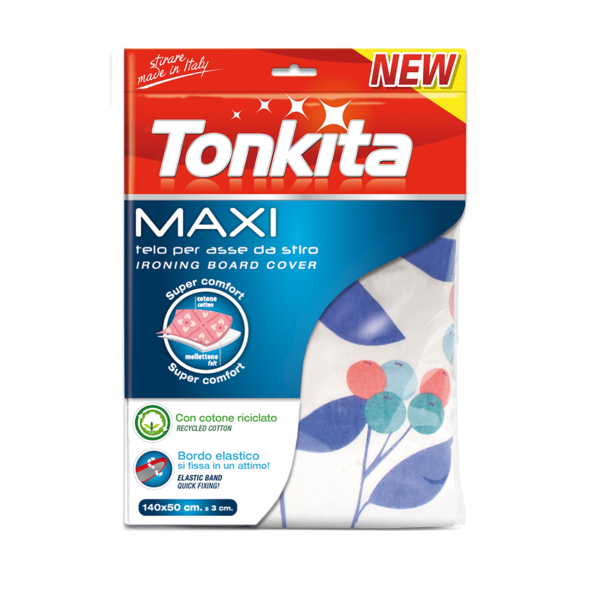 Tonkita | Plandeka Maxi na deskę do prasowania 140 x 50 cm, pokrowiec na oś z bawełny i miękkiego ściągacza, z elastyczną krawędzią, na deski do prasowania do 132 x 42 cm - Wyprodukowano we Włoszech