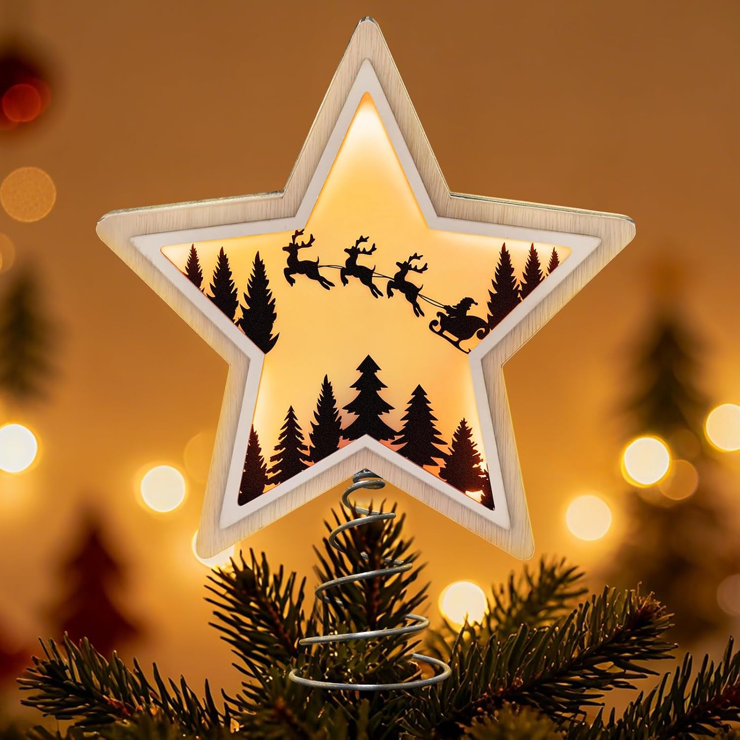 Lighted Christmas Star Tree Topper, Rustic Wooden Tree Topper Star Shaped Santa Claus and Reindeer Design with Hollow Silhouette, Battery Operated LED Country Christmas Treetop Decorations
