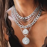 Vista 2 de MJartoria Collares de oro en capas para mujer, collar retro de moda con dije de moneda, collar de oro, cadena de eslabones gruesos, gargantilla