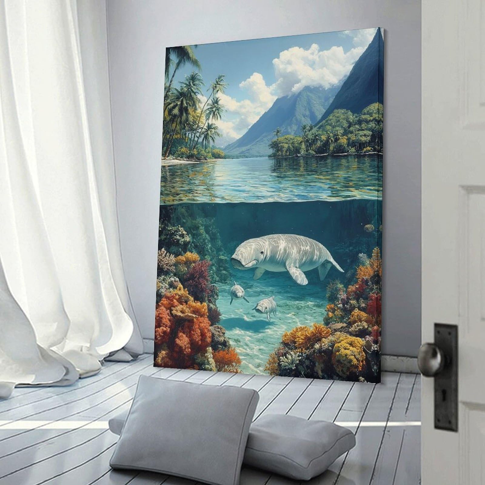 Junmoney Tropical Paradise with Manatees Home Decor Wall Art 24x36inch(60x90cm), for Living Room, Lounge Or Sitting Room, A Home Accent with Warm Character