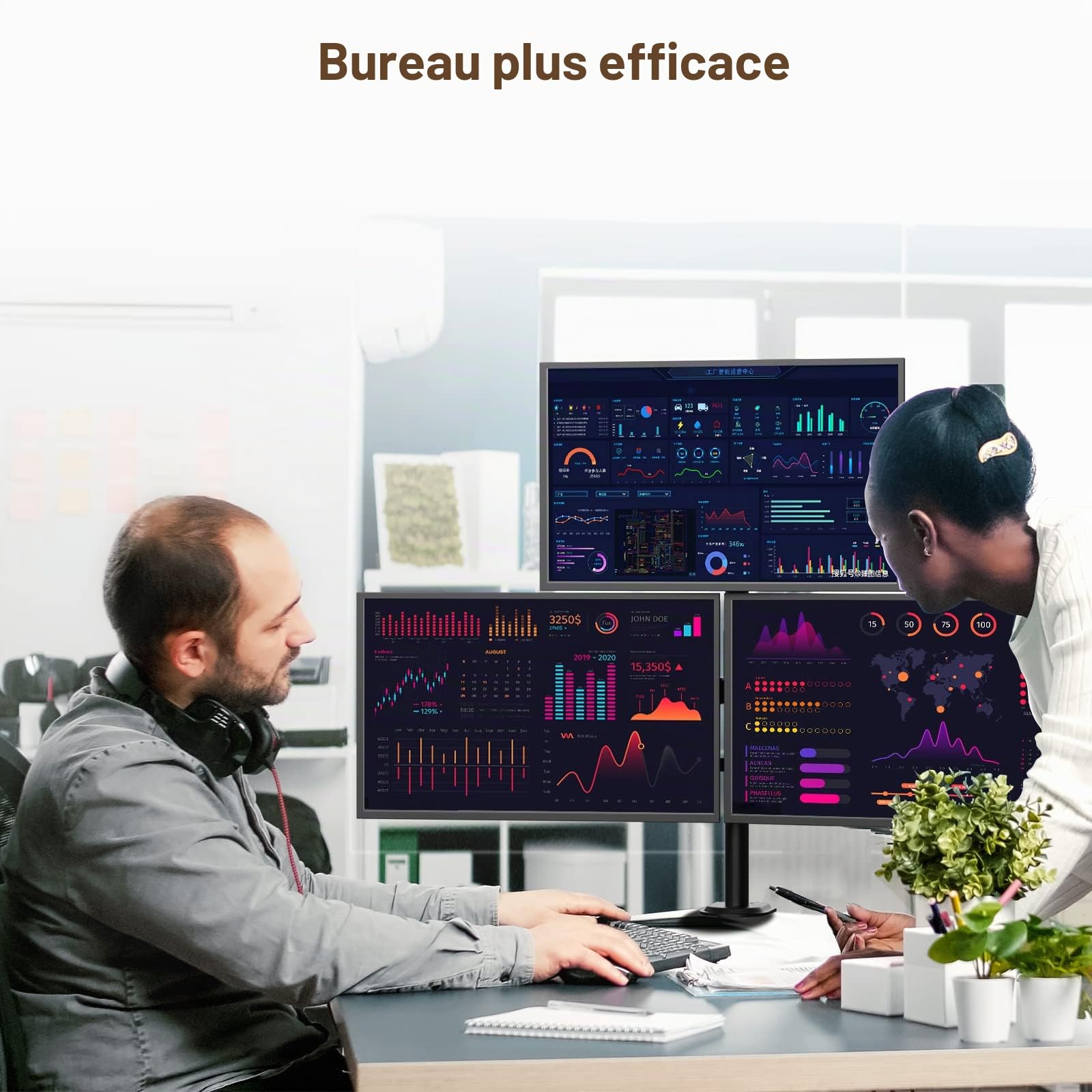 PUTORSEN Support Ecran PC 3 Ecran pour Moniteurs de 13-32 Pouces(80CM pôle), Bras Ecran PC Réglable en Inclinable et Pivotant Hauteur, 2 Options de Montage, Charge Maximal 9 kg par Bras, VESA 75/100
