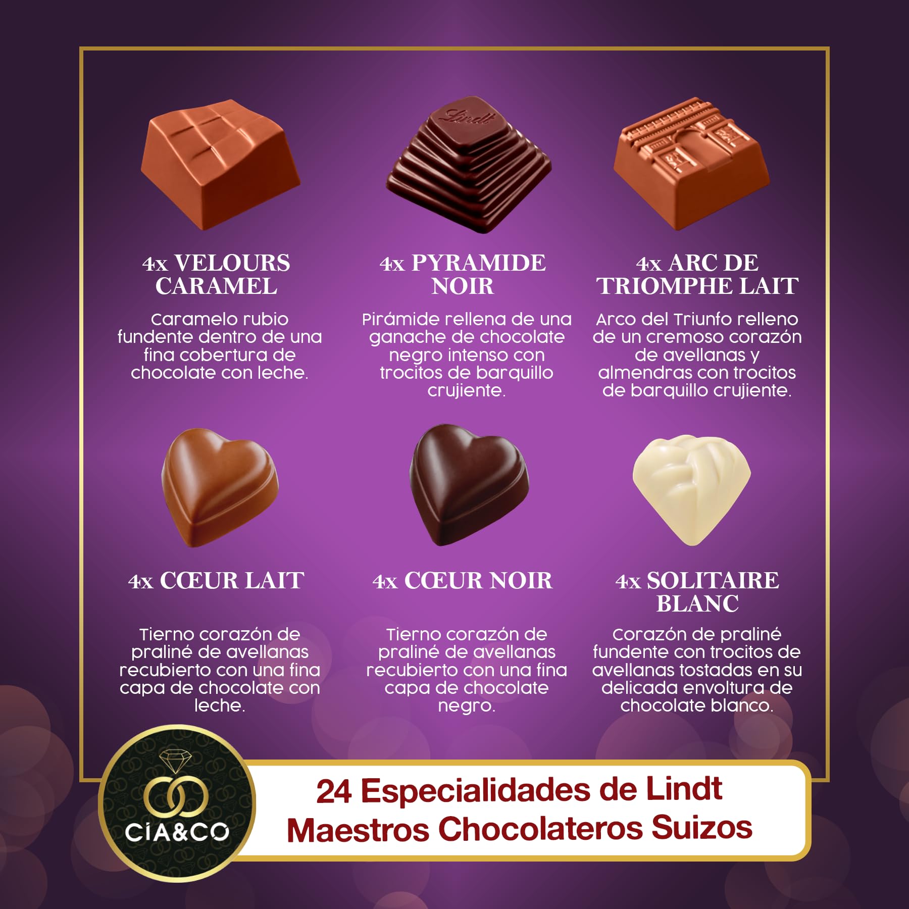 Calendario de Adviento Campos Elíseos + Tarjeta Personalizable Cia&Co con 24 Bombones Exclusivos de Chocolate Suizo · Con Leche, Negro y Blanco · Recetas Praliné, Caramelo y Fondant 250 g