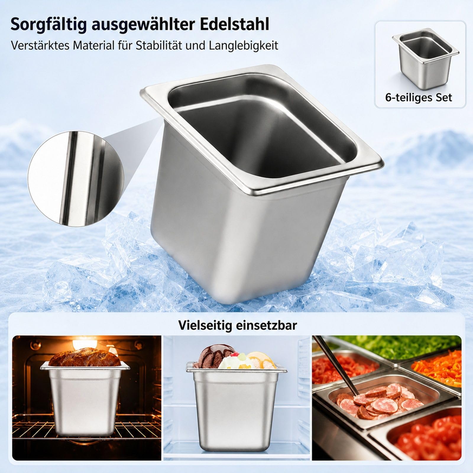 6er Set Gastronormbehälter GN 1/6 aus Edelstahl für Bain-Marie und Buffet |