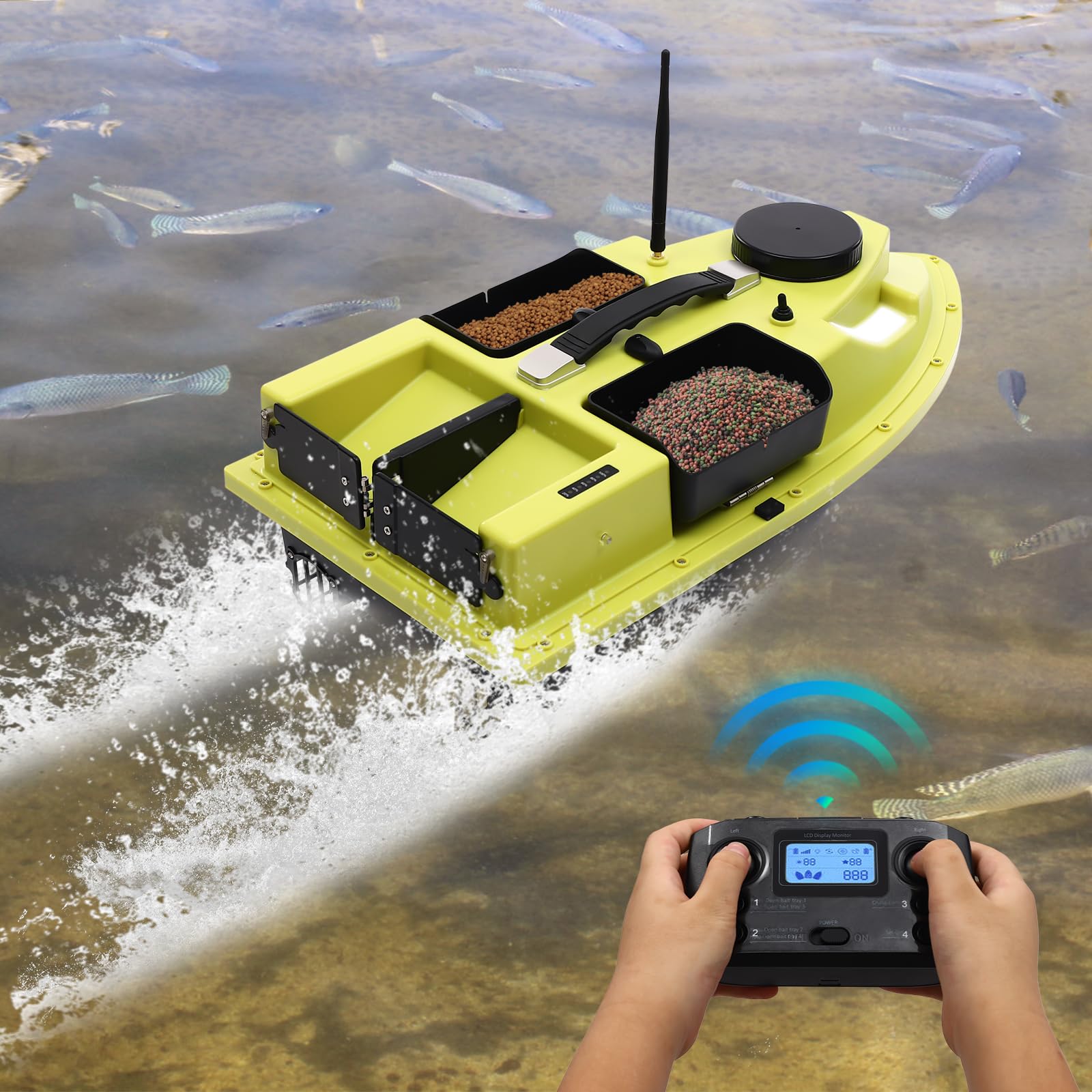Barca da pesca Barchino pasturatore Barca da pesca per esche con posizionamento GPS Telecomando 2,4G Design a 4 marce Batteria al litio da 5,2 Ah adatta per grandi laghi e bacini artificiali