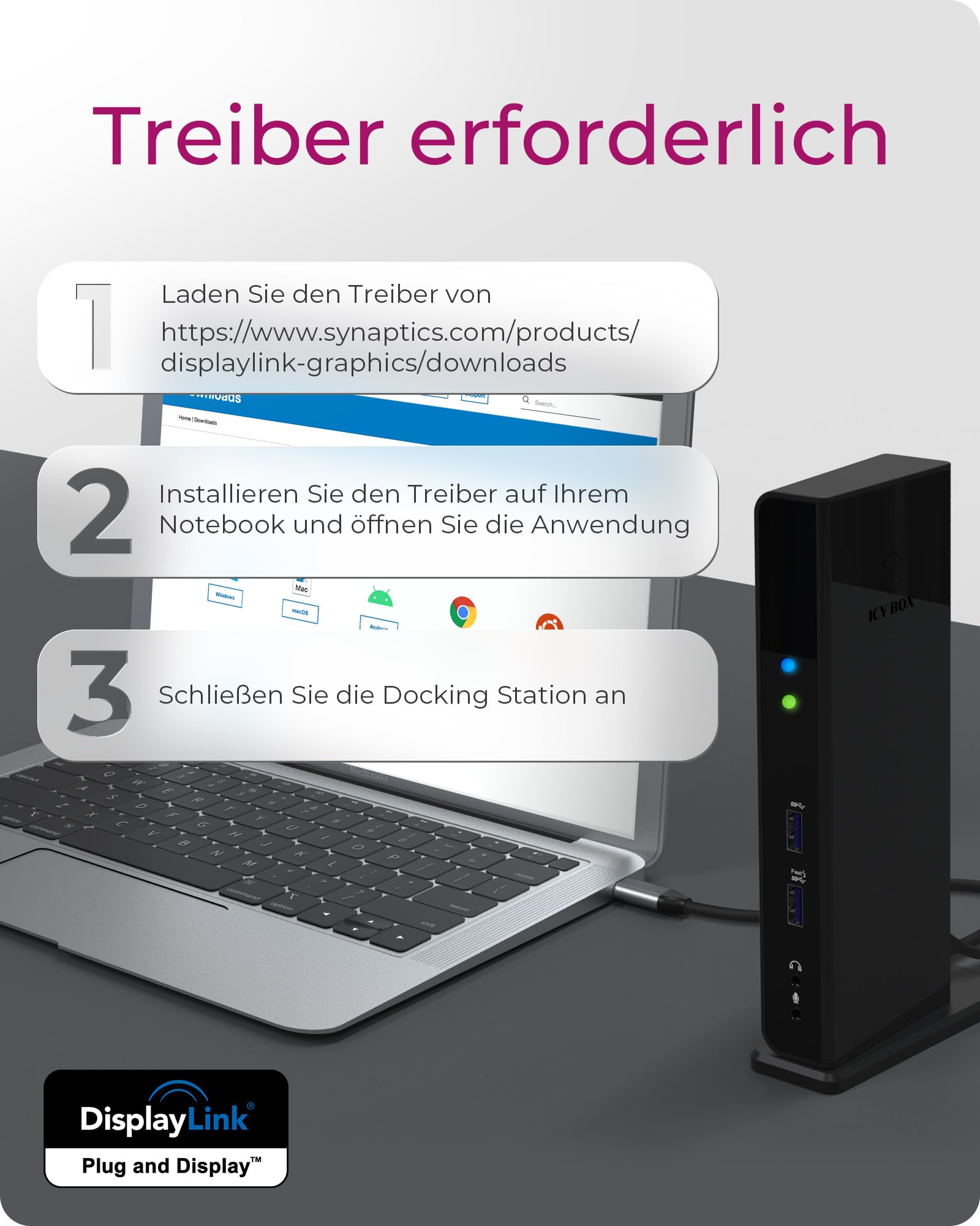 ICY BOX Docking station USB-C (11 in 1) per 2 monitor (2 x HDMI), 60 Hz, HUB USB 3.0 a 6 vie, Gigabit Ethernet, audio, nero, IB-DK2251AC