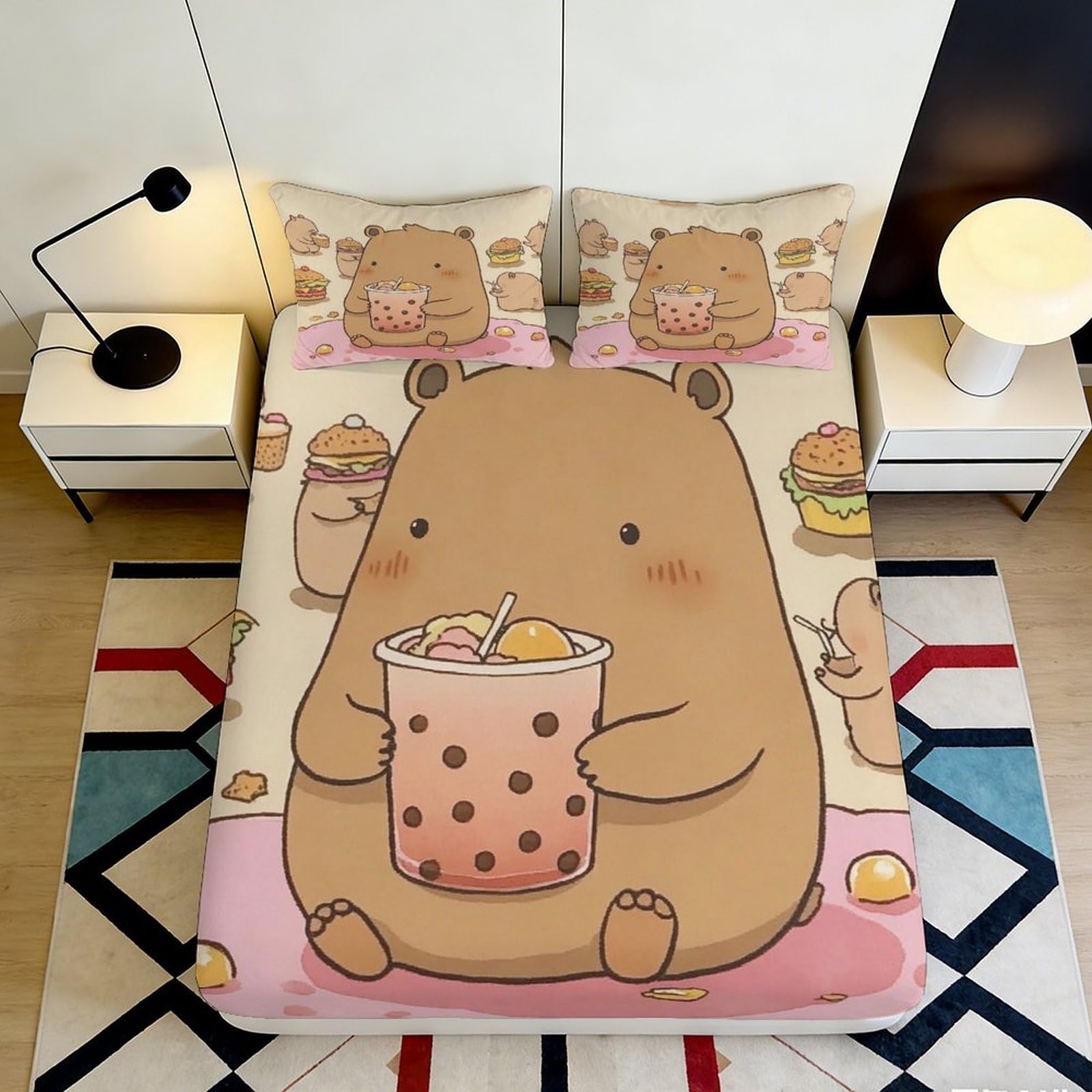 3D Printed Cartoon Bear Fitted Sheet Microfiber Soft Bubble Tea Bed Cover Non Slip Easy Care for Bedroom Dorm Decor 90x200x25cm