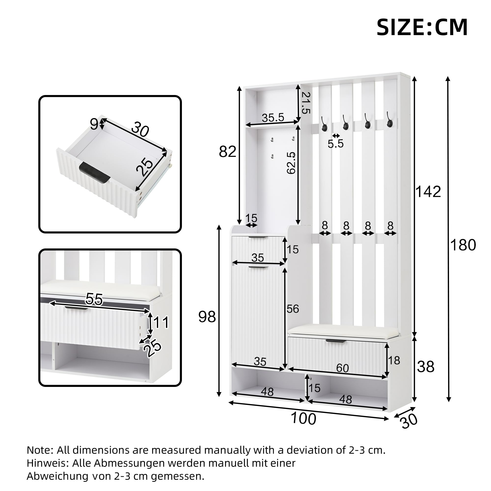 100 x 30 x 180 cm, 6 in 1, con 8 ganci, protezione antiribaltamento, appendiabiti compatto con cassetti e armadi, larghezza 100 cm, colore: bianco