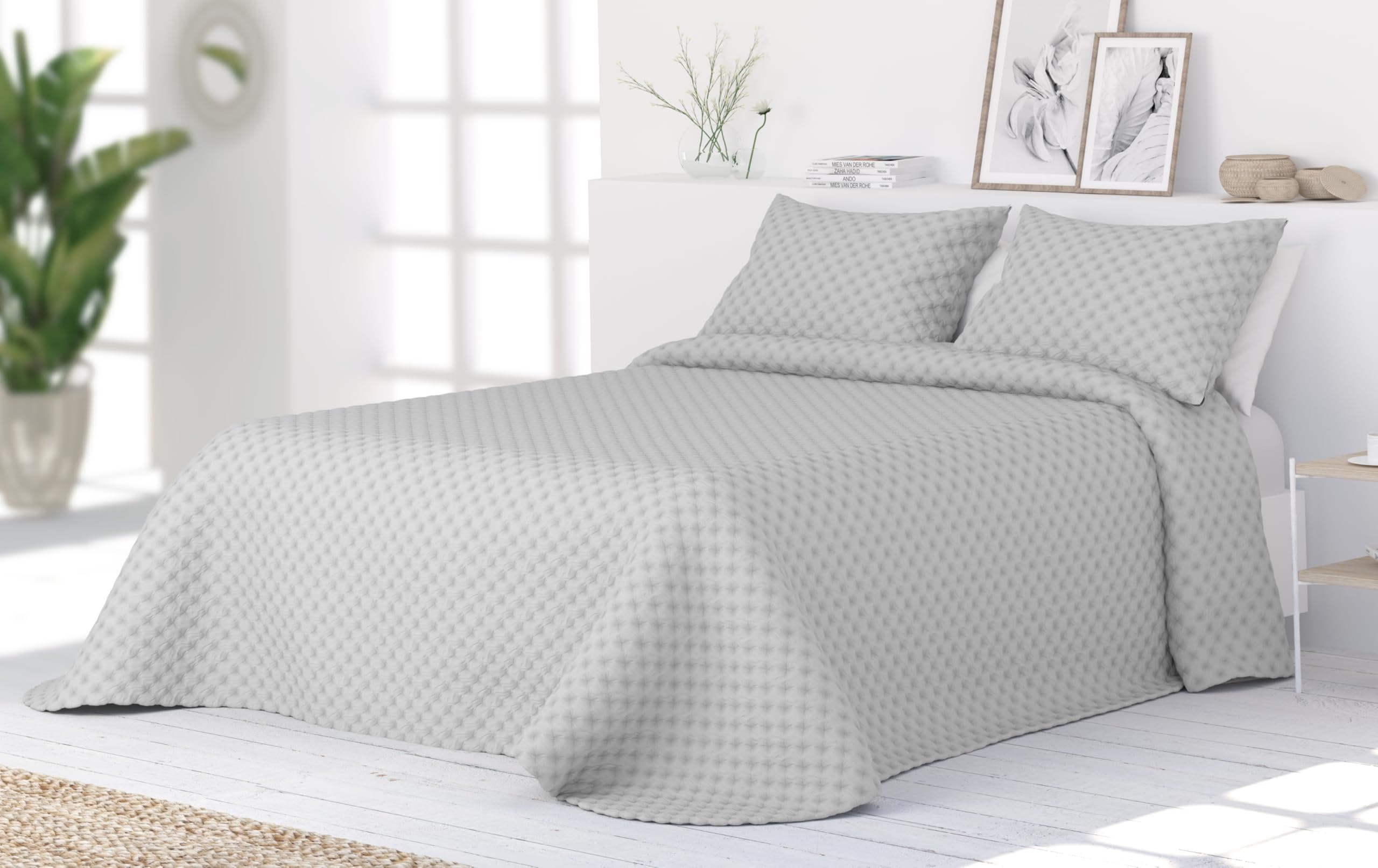 Liniva Home Colcha Bouti Lavada Termoselladapara Verano y Entretiempo. 100% Microfibra Tacto Extra Suave - Modelo Santorini - Incluye Dos Fundas de Cojín. (Santorini - Gris, Cama 180cm)