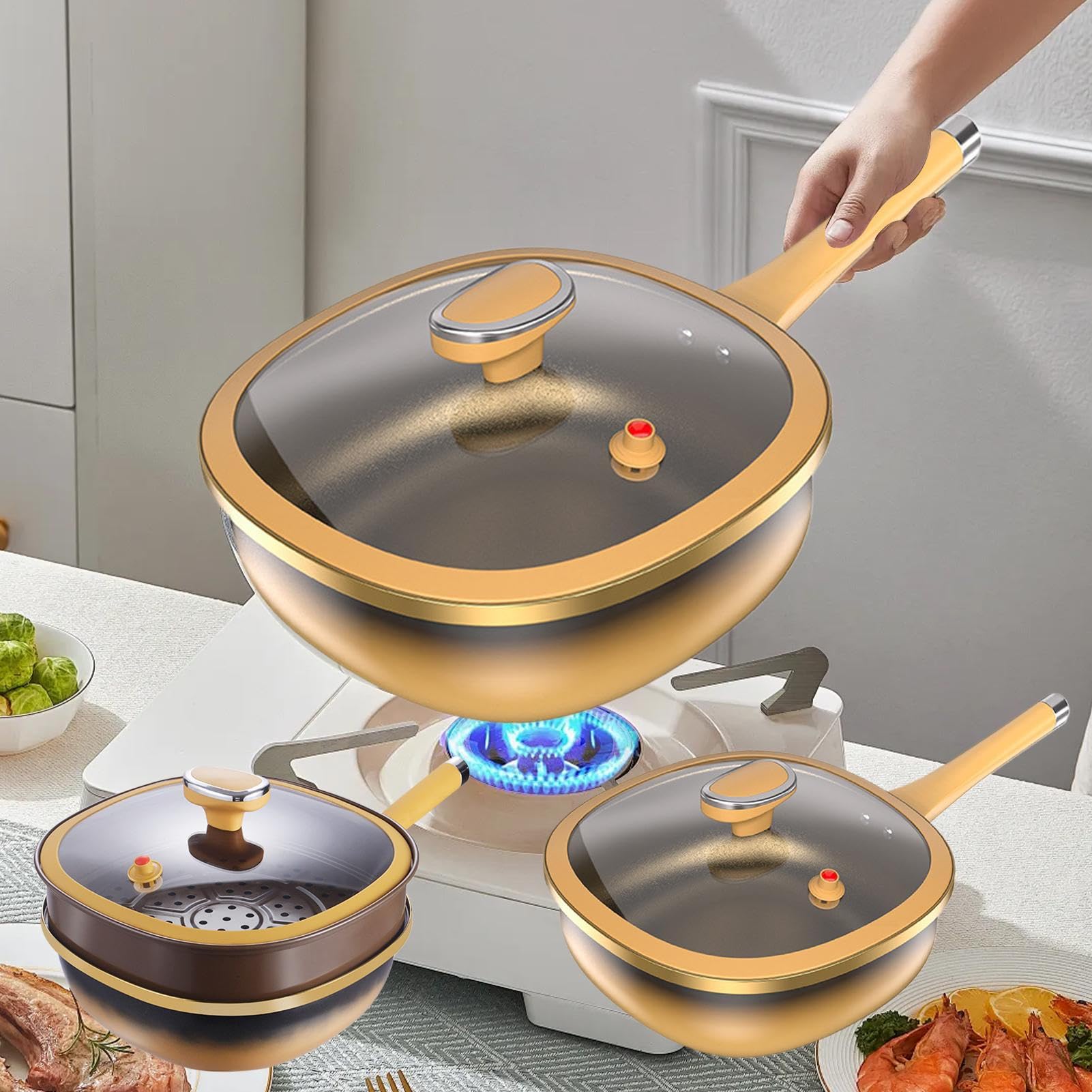 1. Poêle à frire antiadhésive en de titane de 25,4 cm avec couvercle pour la maison, le camping avec fonction de cuisson profonde, poêle pour œufs, crêpes, pâtisserie, de cuisson à