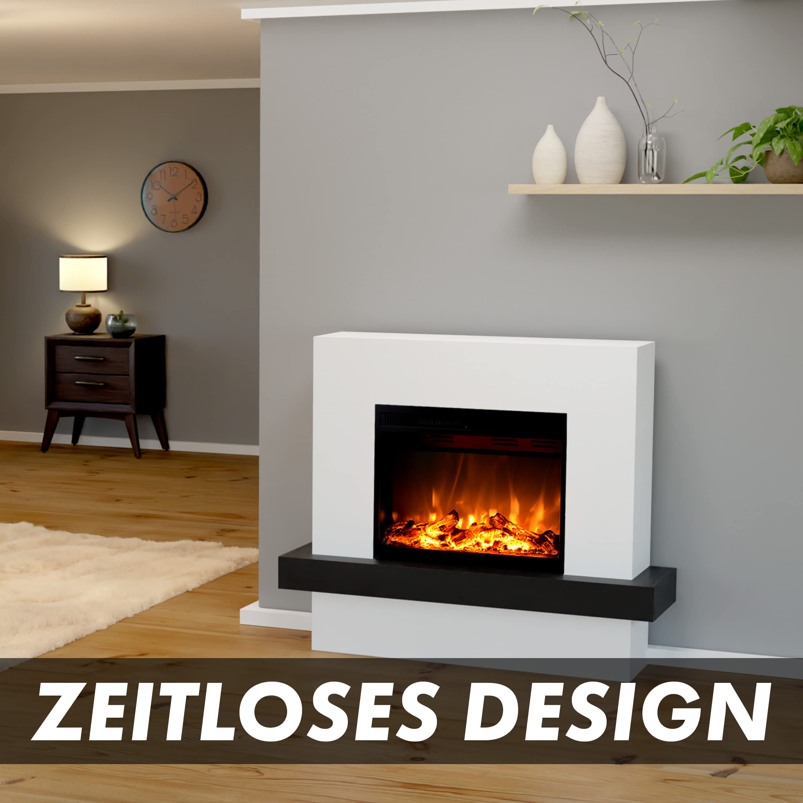 GF Core Elektrokamin mit Heizung und Kaminfeuer (Standkamin Pandora) - elektrischer Kamin mit LED-Feuer in 3 Farben, Heizlüfter, Holz-Deko & Fernbedienung, 114x97x32 cm, Weiß