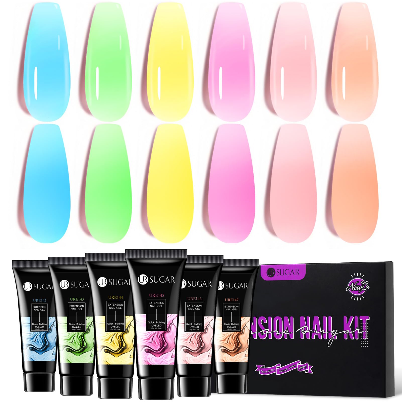 UR SUGAR Neon Extension Gel Set - 6 Colors Spring Summer Translucent Jelly Pink Neon Green Yellow Orange Bright Colors Builder Nail Gel Home Nail Salon Extension Nail Gel Kit Gift Box for Women