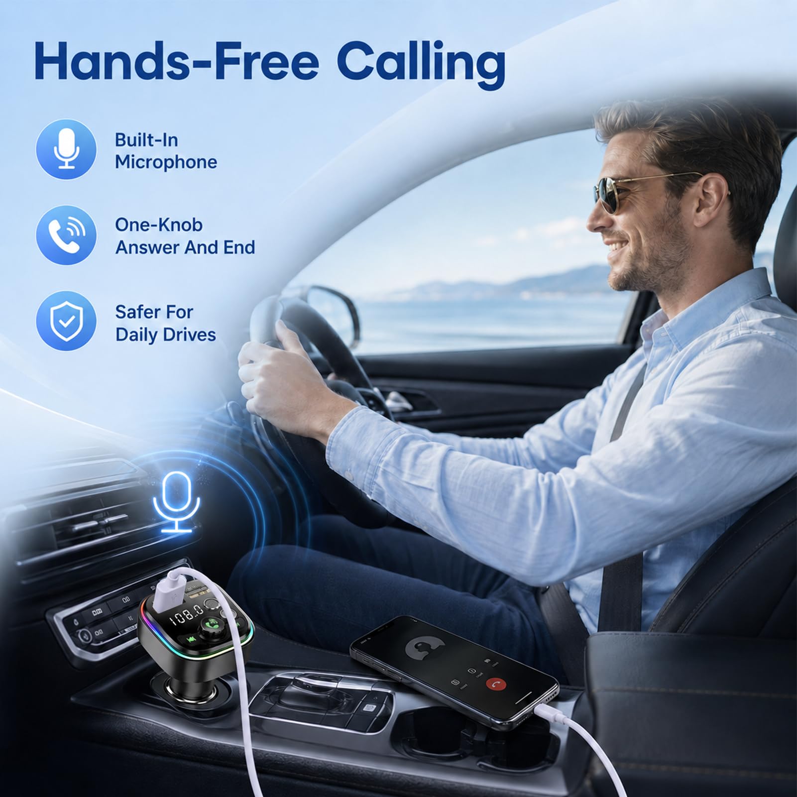 FM Transmitter Auto Bluetooth, Bluetooth FM Transmitter Auto Freisprecheinrichtung 3-in-1 Radio Adapter Schnellladung PD 18W & Typ-C 12–24V Hi-Fi Stereo Bass Kompatibel Smartphones Tablets