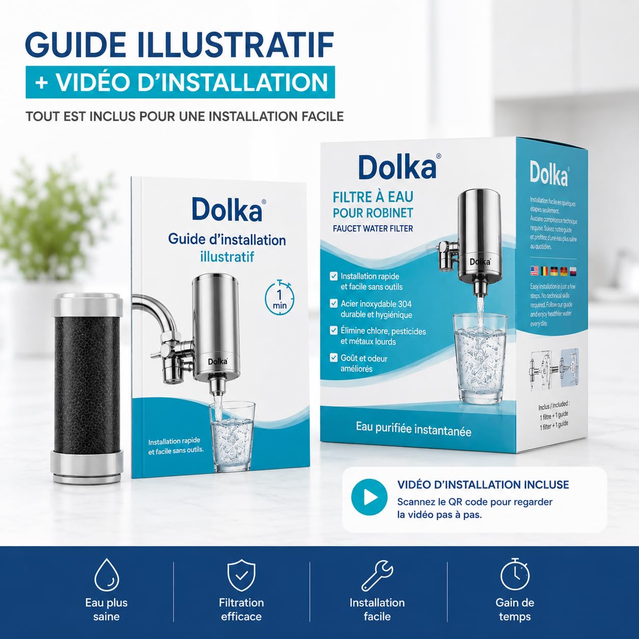 Filtre Eau Robinet Cuisine Dolka – Purificateur Eau Robinet en 100% inox – Eau Filtrée Instantanée – Filtre Eau Maison avec Charbon Actif – Installation Facile Sans Outils