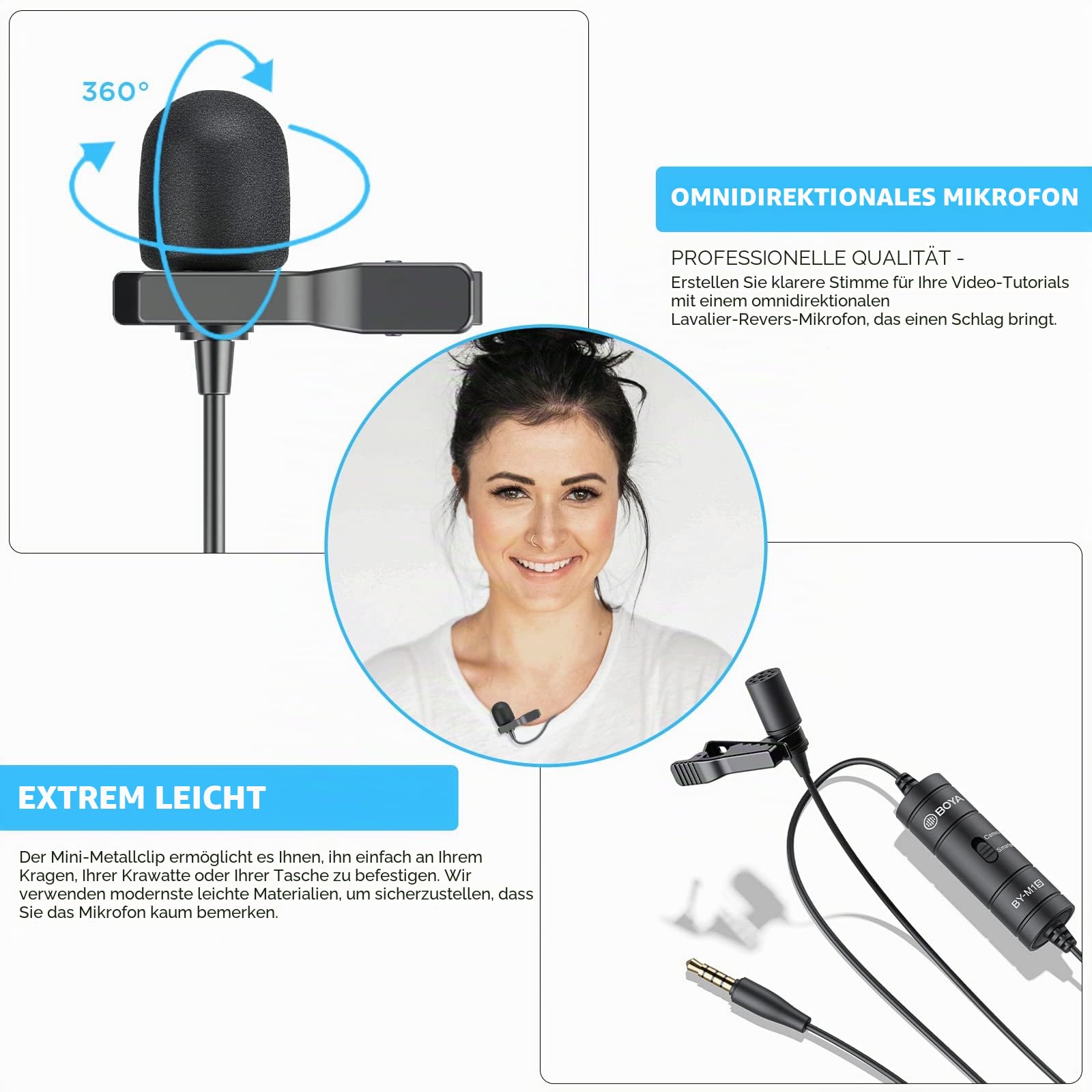 BOYA BY-M1S Professionelles Lavalier-Revers-Mikrofon Omnidirektionales Kondensatormikrofon für iPhone, Android, Smartphone, DSLR, Camcorder, Audio-Recorder, PC Laptop Aufnahme