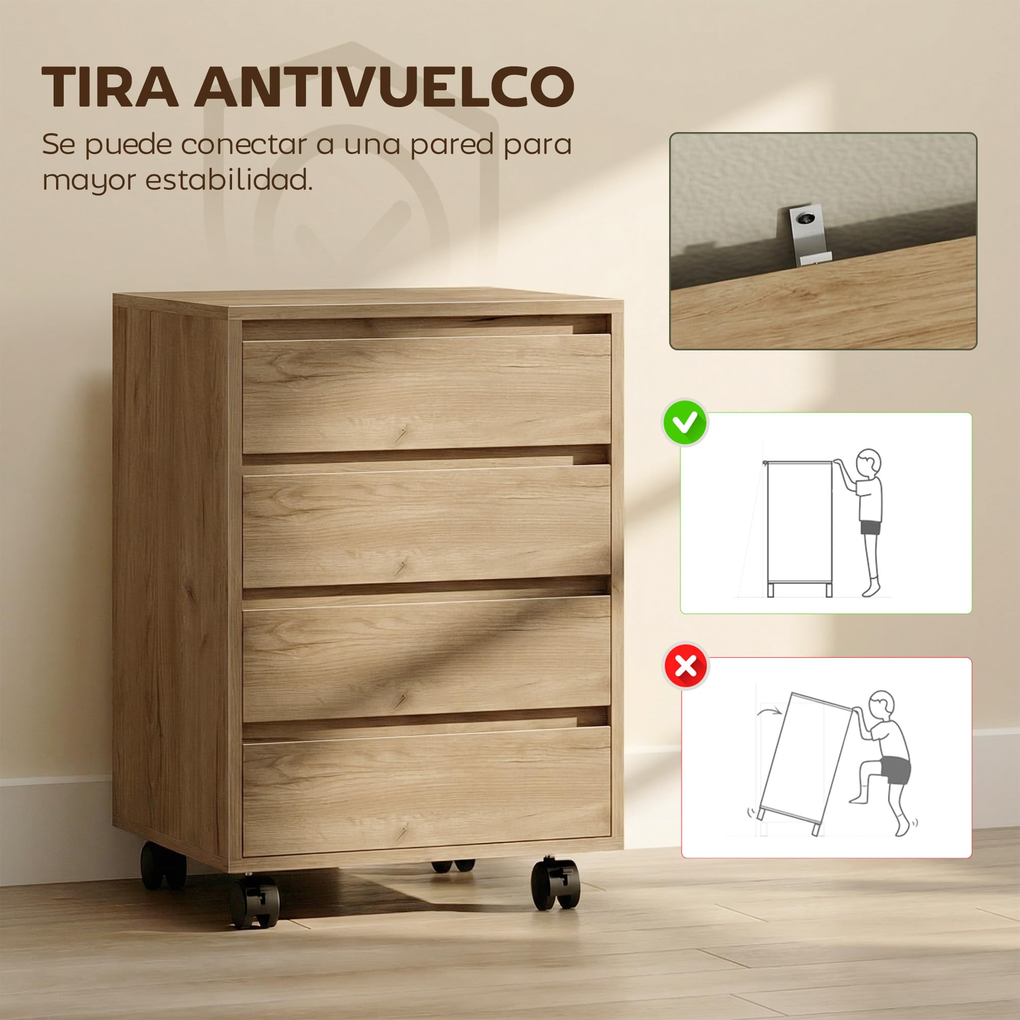 HOMCOM Cassettiera da ufficio con 4 cassetti Cassettiera da scrivania con ruote Scaffale mobile per studio 46x40x65 cm Marrone