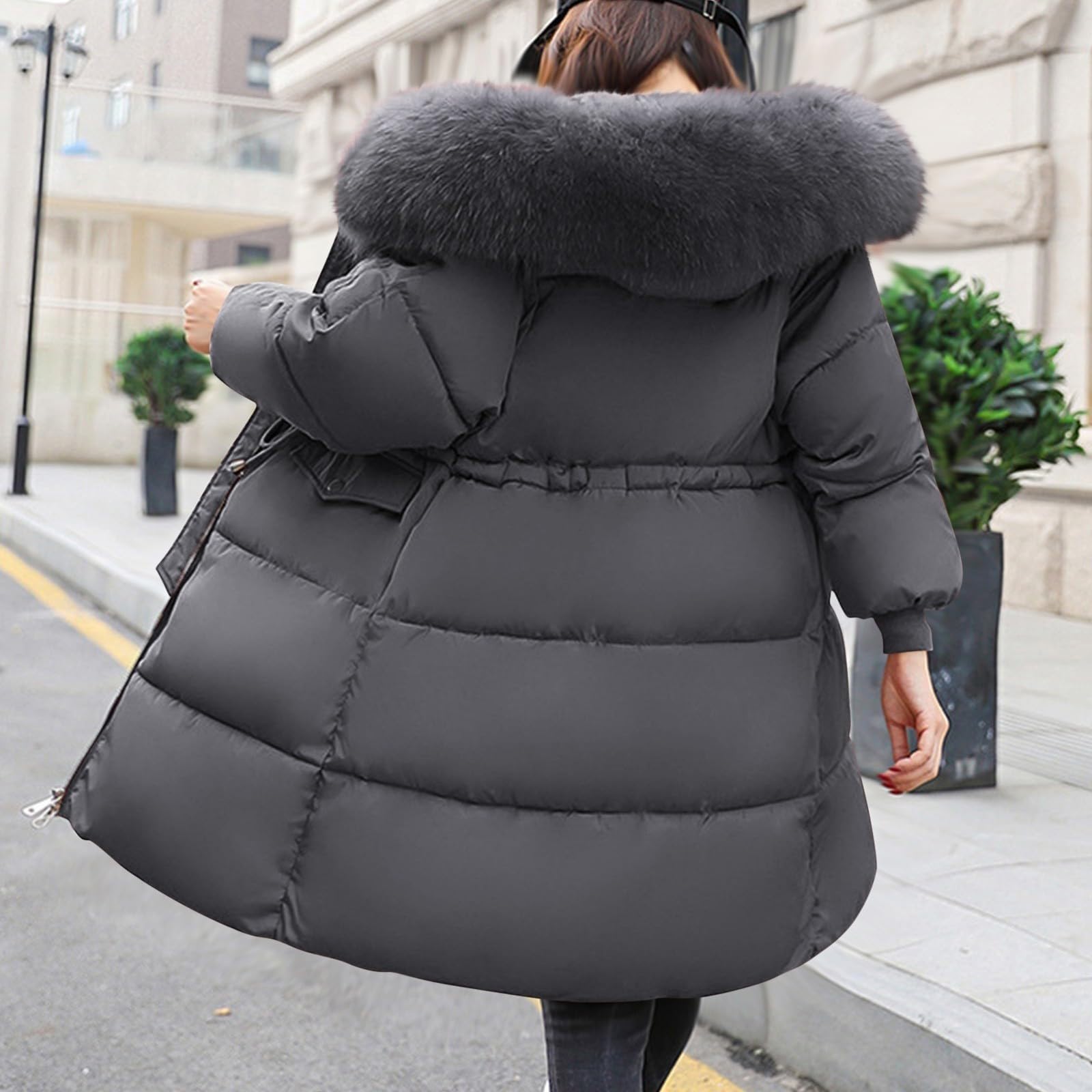Generisch Wintermantel Damen Lang: Winterjacke Mit Schrägem Reißverschluss Mit Kapuze Kapuzenmantel Fleece Outdoorjacke Winddicht Parka Flauschmantel