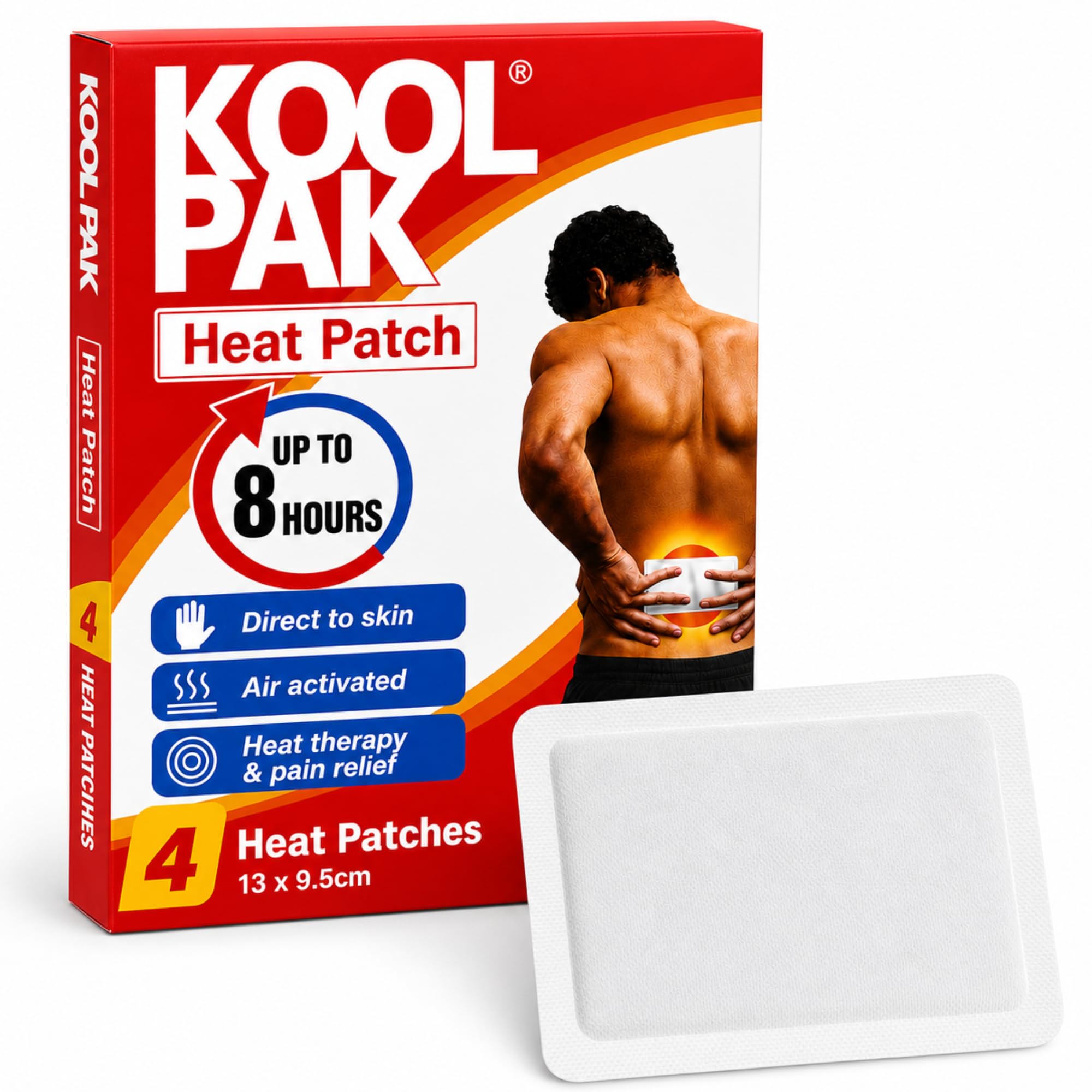 Koolpak Adhesive Dual Action Heat Patches - Pack of 4 - Deep Heat Therapy, Muscle Pain Relief Patches