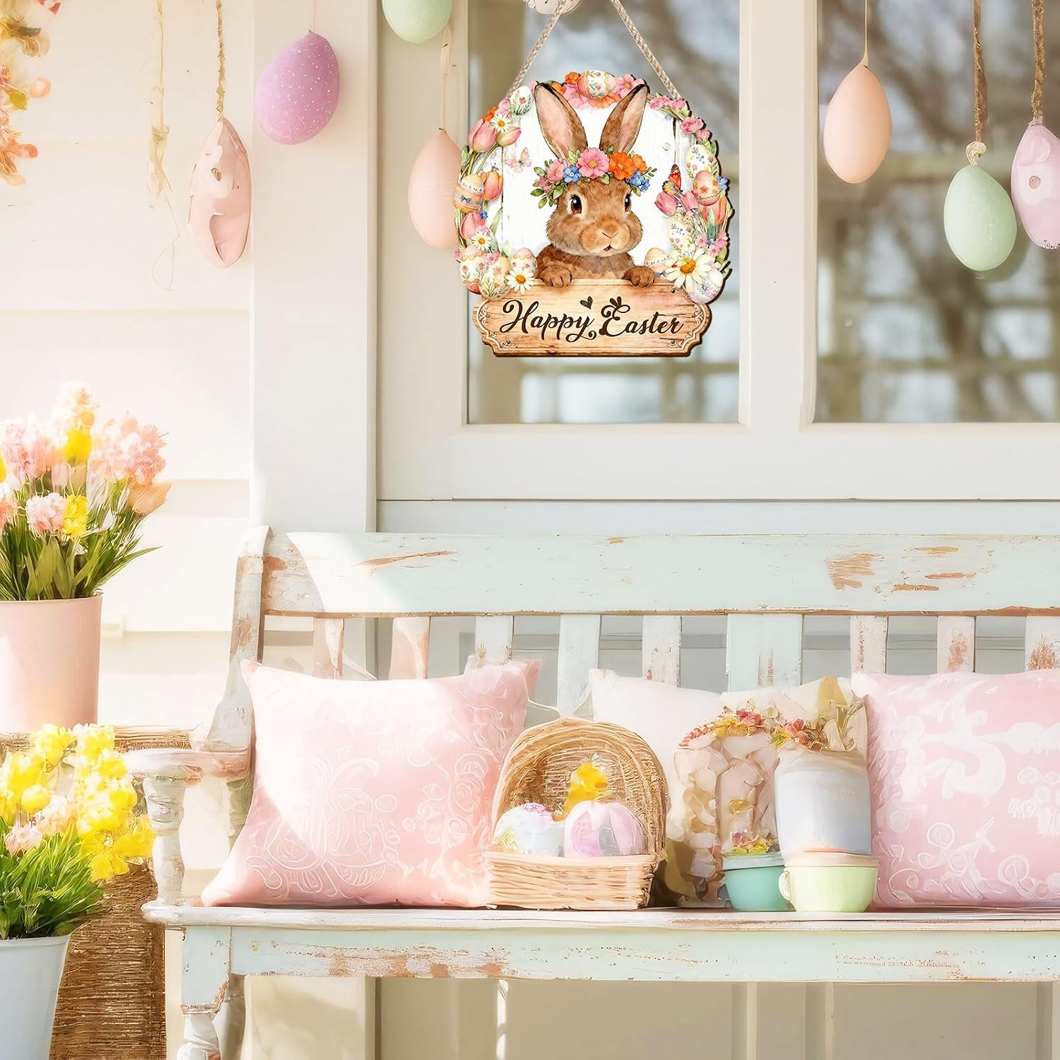 Pigort Wooden Easter Decoration Door Wreath for Front Door Sign Wall Signs Rabbit Spring Decoration, Hollow Bunny Sign Flower Egg Welcome Hanging for Home Wall Decor Party Outdoor indoor