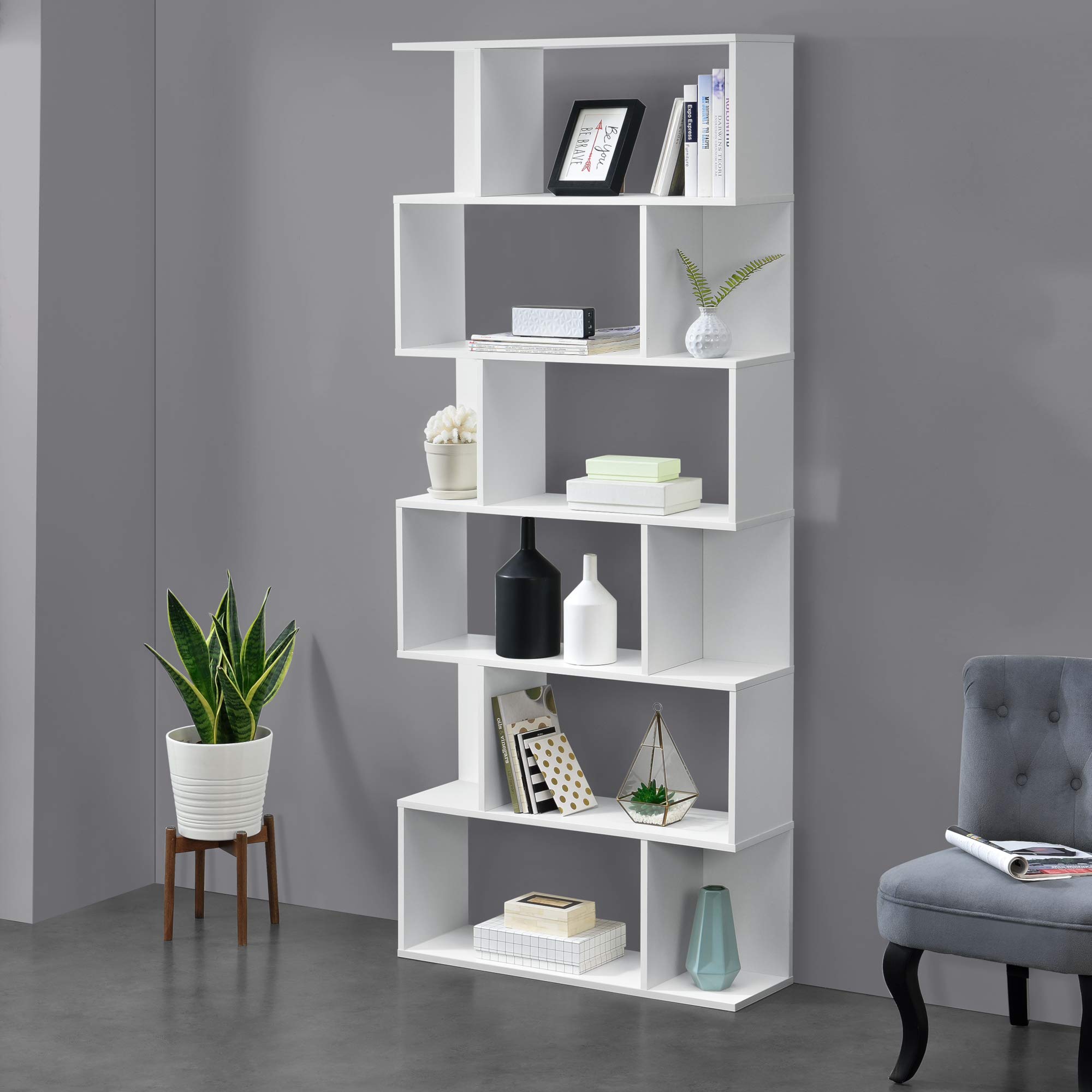 [en.casa] Libreria Alta Scaffale da Terra con 6 Scomparti Aperti Mobile Espositore per Casa Ufficio Negozio 192 x 80 x 24 cm Bianco