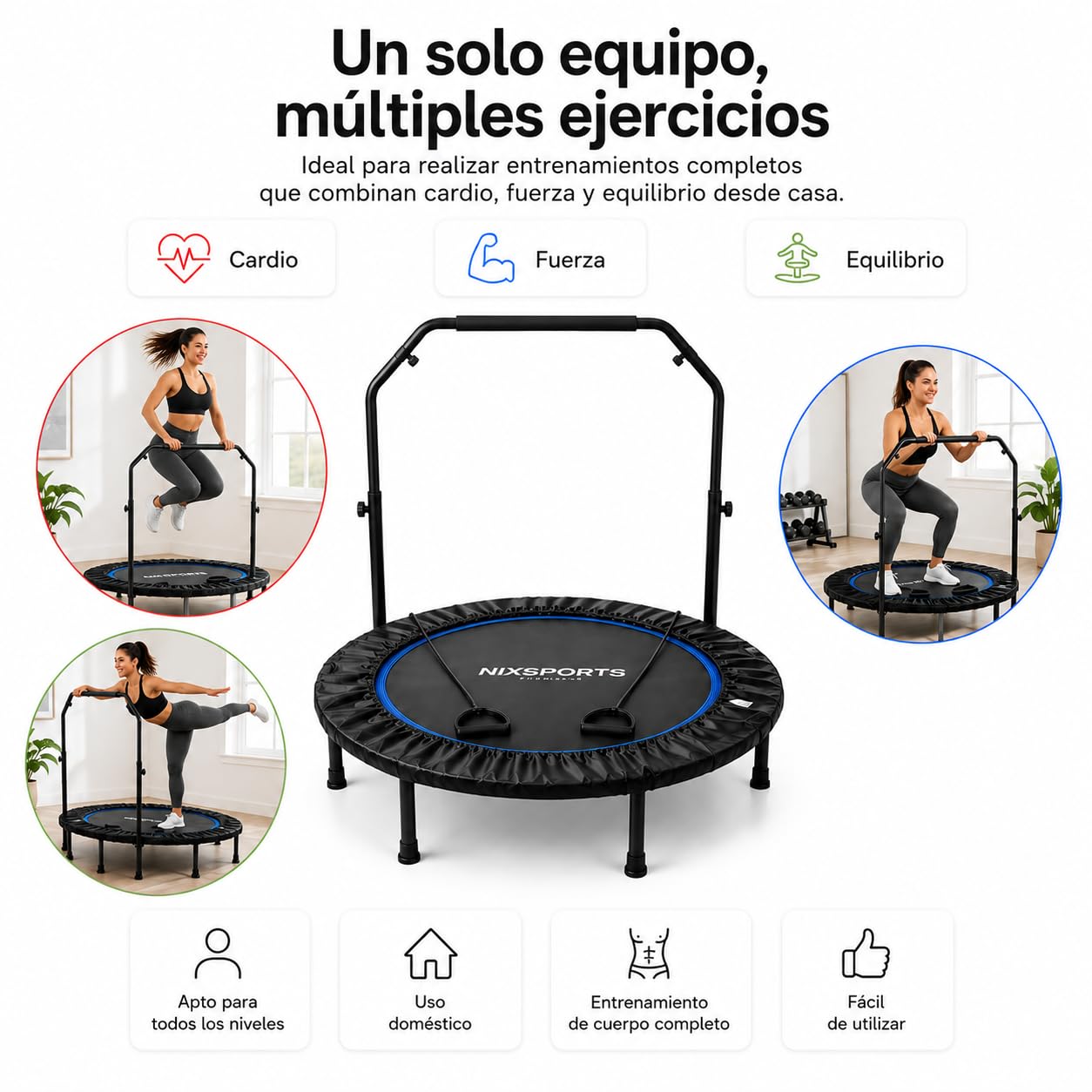 Trampolín Fitness 3 en 1 con Barra Ajustable y Bandas de Resistencia – Cuerdas elásticas silenciosas, Superficie Antideslizante, Entrenamiento Cardio y Fuerza para casa