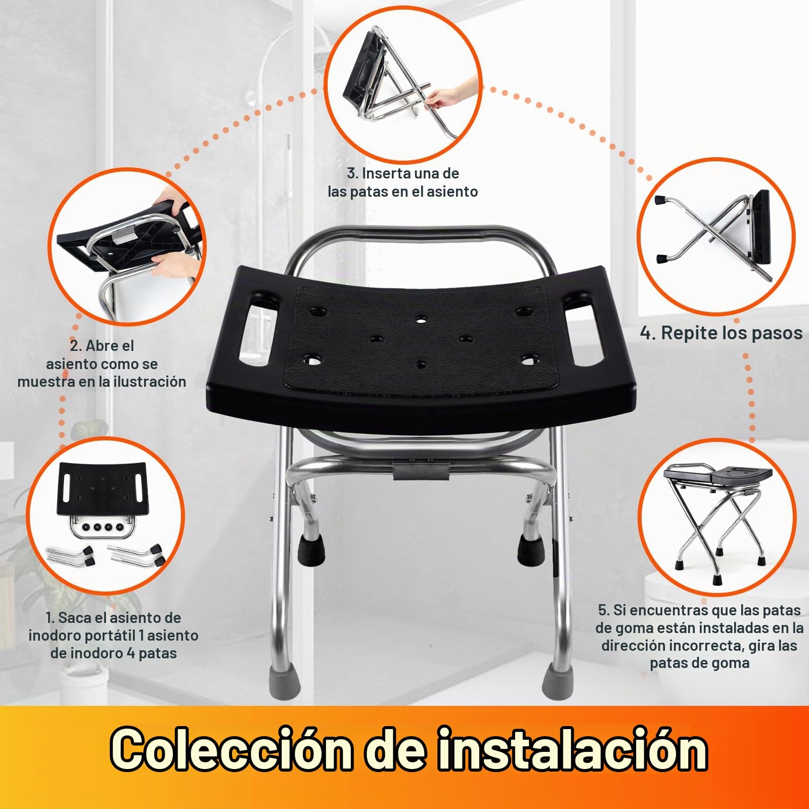 Asiento de ducha plegable, silla de ducha de acero inoxidable elegible para ducha interior, taburete de ducha portátil de 400 libras, silla de baño antideslizante de seguridad para personas mayores