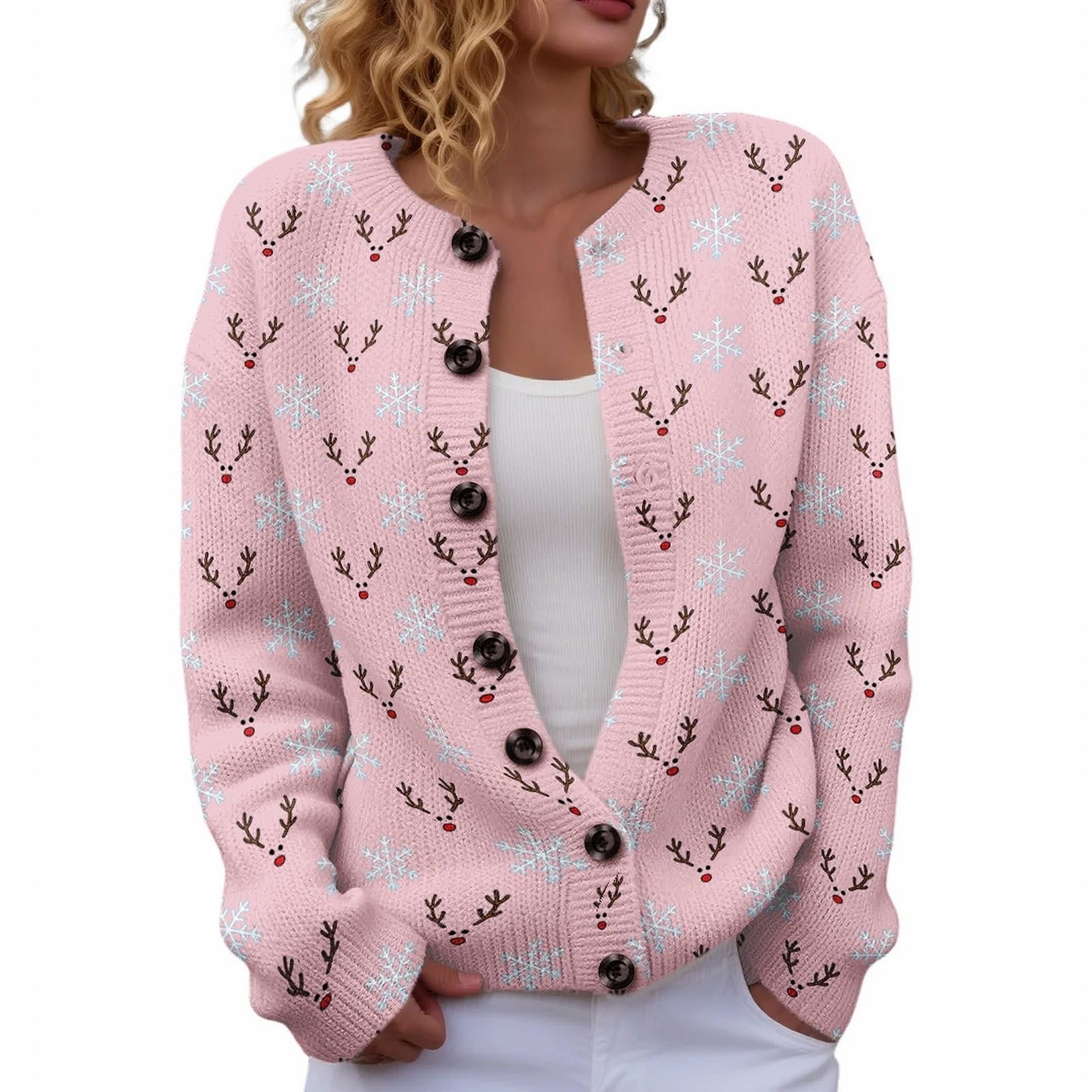 Christmas Sweater for Women Cute Funny Xmas Open Front Button Down Cardigans Fall Winter Long Sleeves Knitted Sweaters
