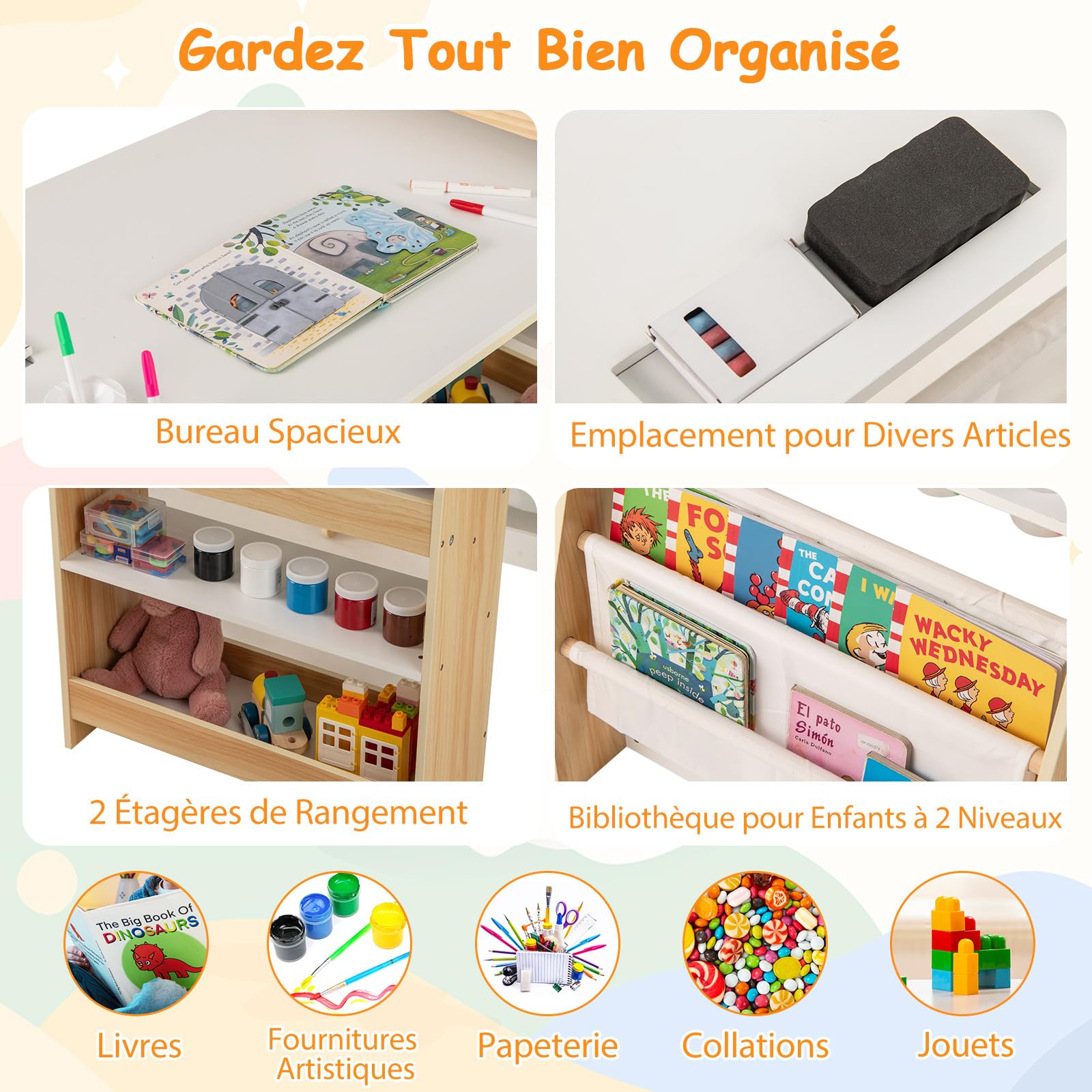 COSTWAY Table Enfant avec Chaise & Tableau Noir & Tableau Blanc, Table à Dessin avec 2 Étagères Ouvertes & Bibliothèque, Rouleau de Papier, Bureau Enfant avec Rangement, Chevalet pour 3 Ans+ (Naturel)