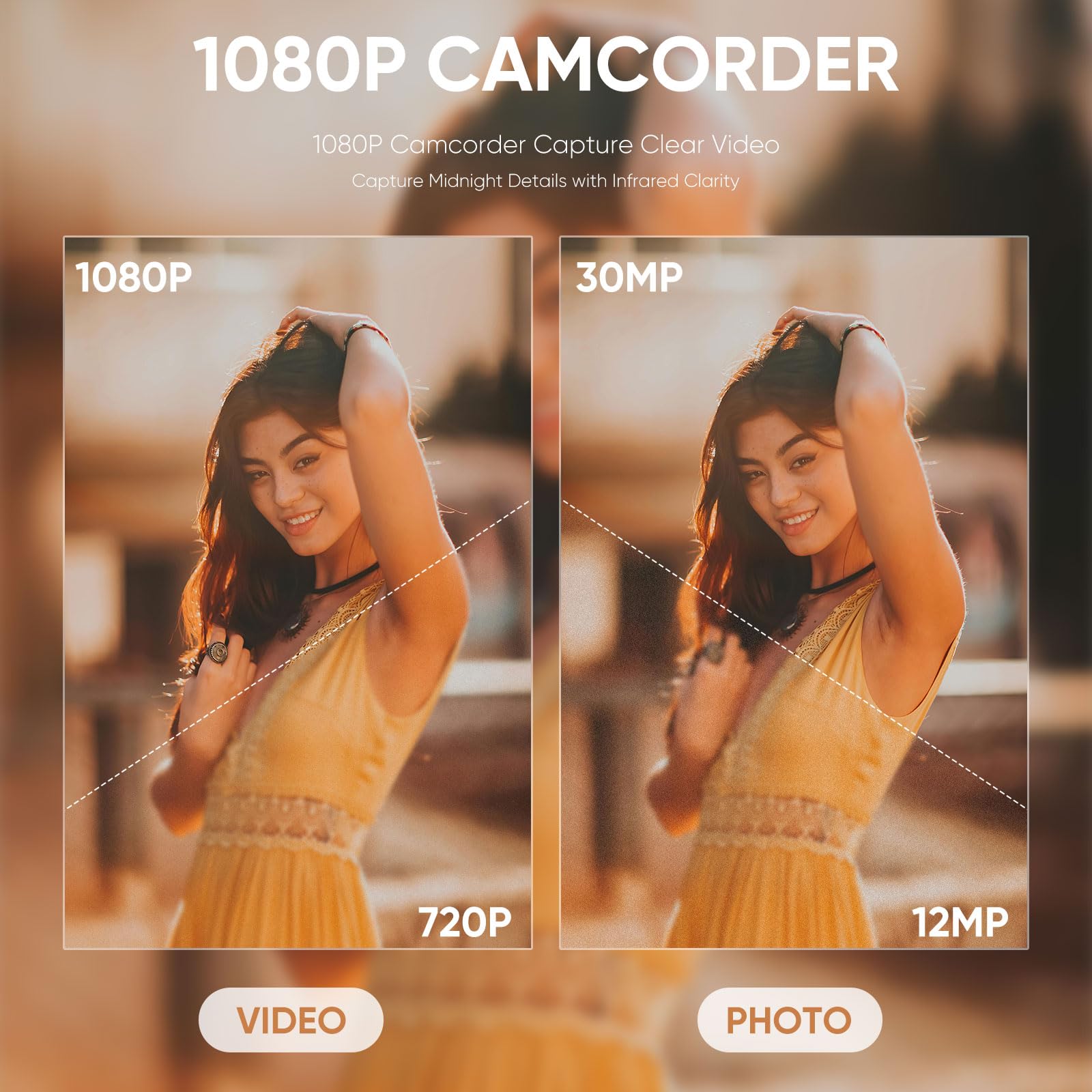 ORDRO Caméra Vidéo de Vision Nocturne Youtube Vlogging Camera Recorder FHD 1080P 15FPS 30MP 3,0 Pouces 270 Degrés de Rotation LCD Caméscope à Zoom Numérique 16X avec 2 Piles et Carte SD de 16 Go