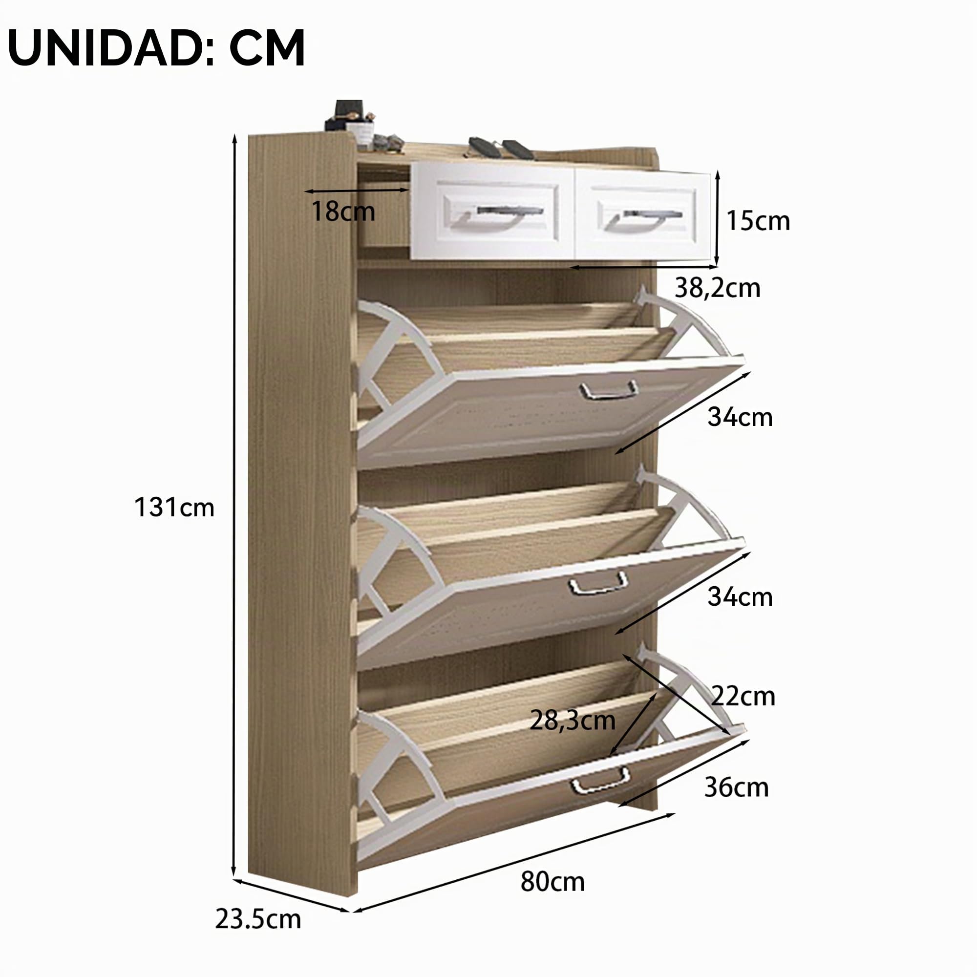 Zapatero con zapatero giratorio, compuesto por tres grandes solapas y dos cajones, zapatero de madera, zapatero, adecuado para zonas de entrada y salón (natural+blanco)