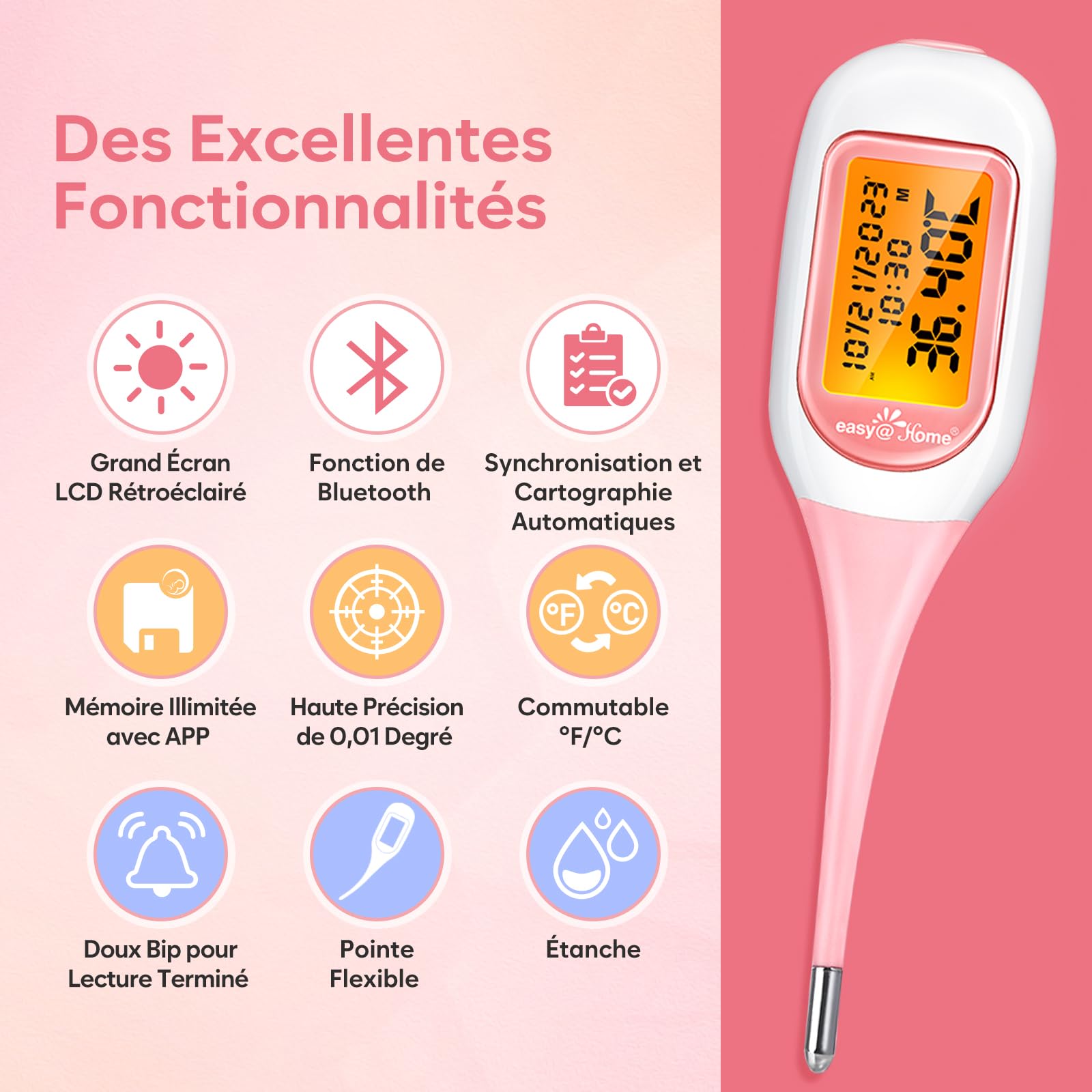 Easy@Home Thermomètre basal bluetooth suivi d'ovulation contrôle du cycle avec Premom APP Française (iOS et Android),1/100e de degré, thermomètre avec TBC Sync et rétroéclairage LCD (Rose)