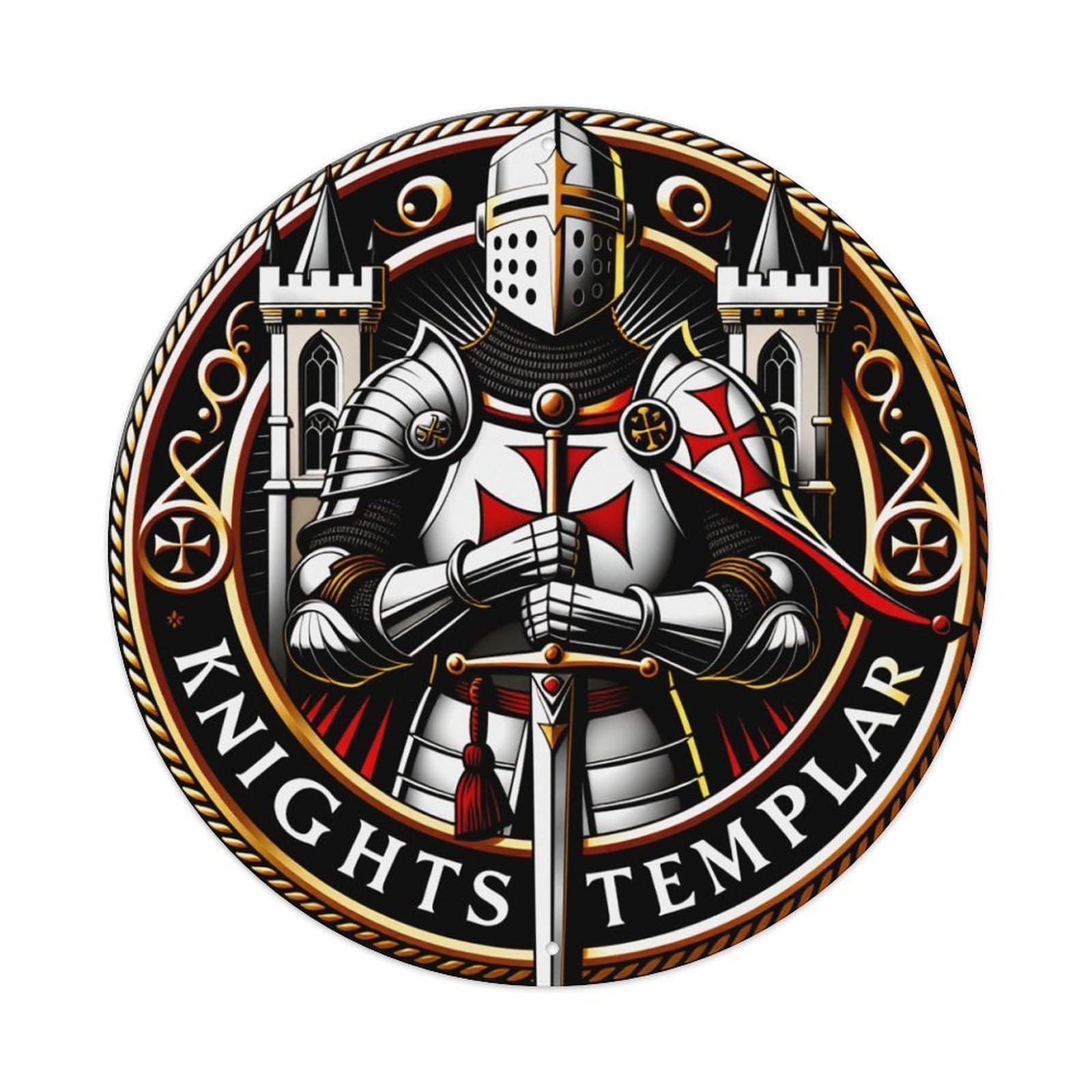 Knight Templar Armor Castle Sword Cross Emblem Round Vintage Tin Sign,Retro Wall Art,Metal Poster for Home, Bar, Garage, Cafe, Rustic Indoor & Outdoor Decor, 8x8 Inches
