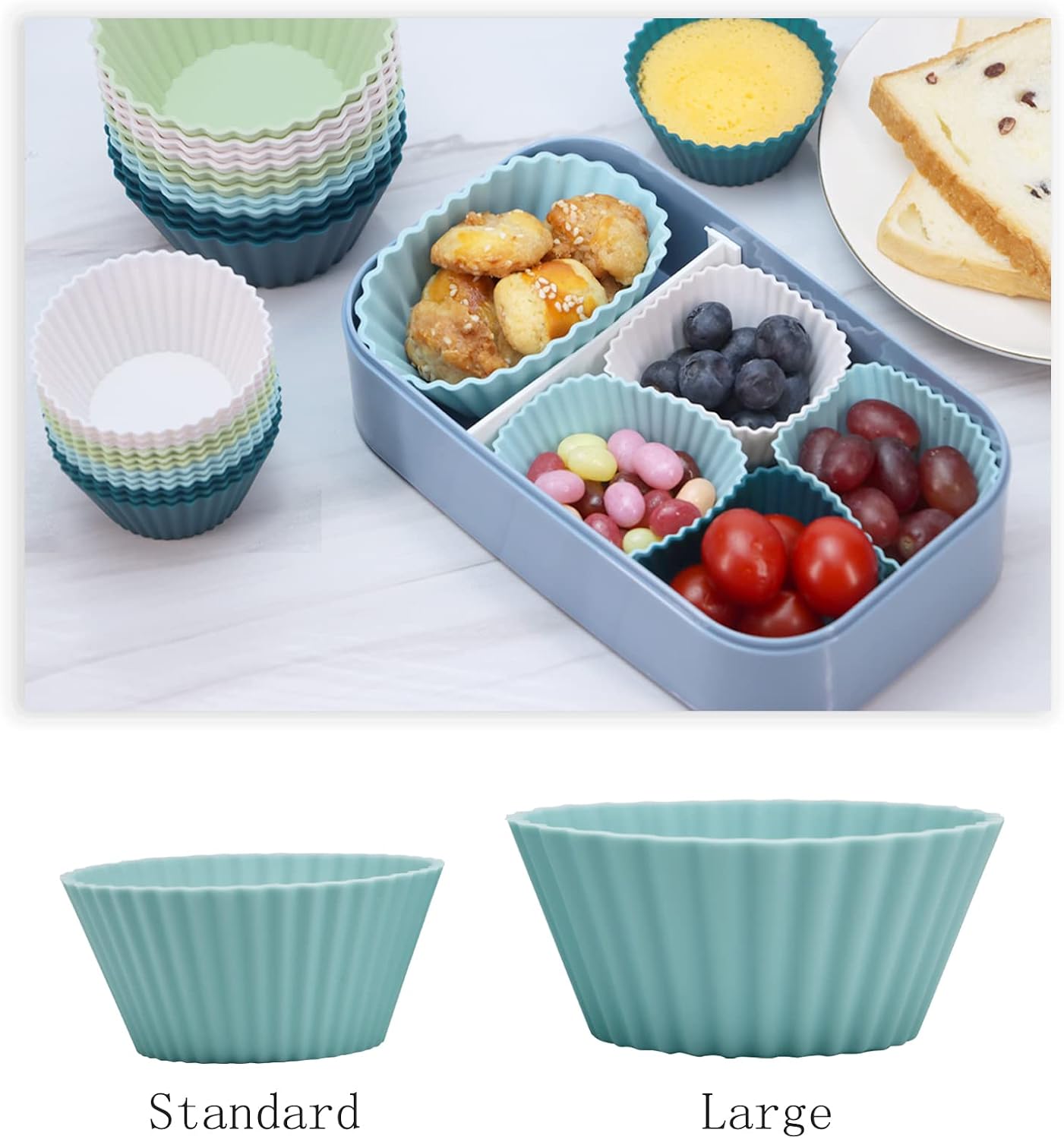 SAWNZC Silicone Baking Cups, Reusable Cupcake Liners, 24 Pack Cake Molds, Standard Size Muffin Liners, Dishwasher Safe