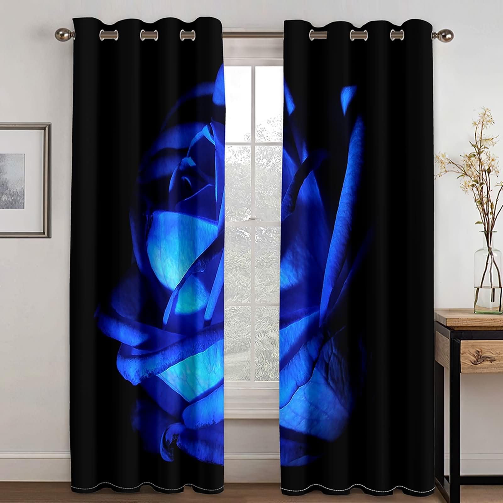 Vorhang Blickdicht Thermo 2er Set,2 x 96W x 229H cm,Vorhänge Ösen Modern Rosa Blumenmuster Dunkelblau Grau Wohnzimmer Gardinen Modern