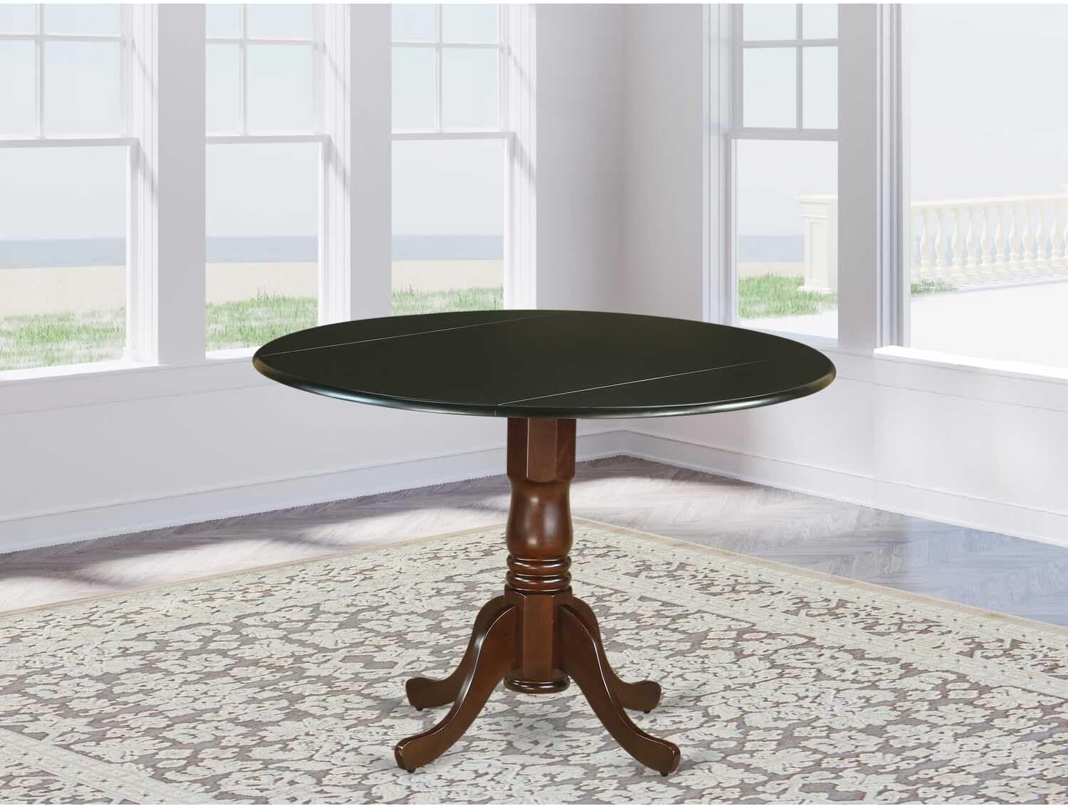 HomeStock Round Wood Dining Table - Sturdy Kitchen Table for Small Spaces Black and Mahogany/42-Inch with Dropleaf