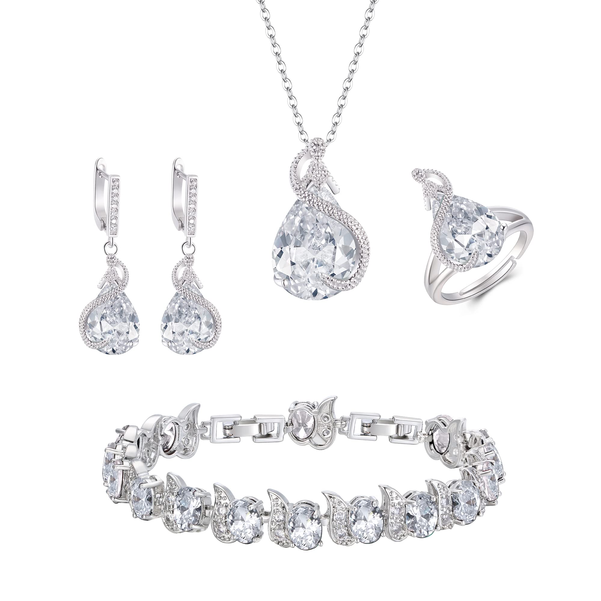EVER FAITH Juegos de Joyas Mujer Circonita Cúbica en Forma de Lágrima para Novia, Glamour Colgante Collar Pendientes Tenis Pulsera Abierto Anillo Conjunto para Mujeres Fiesta