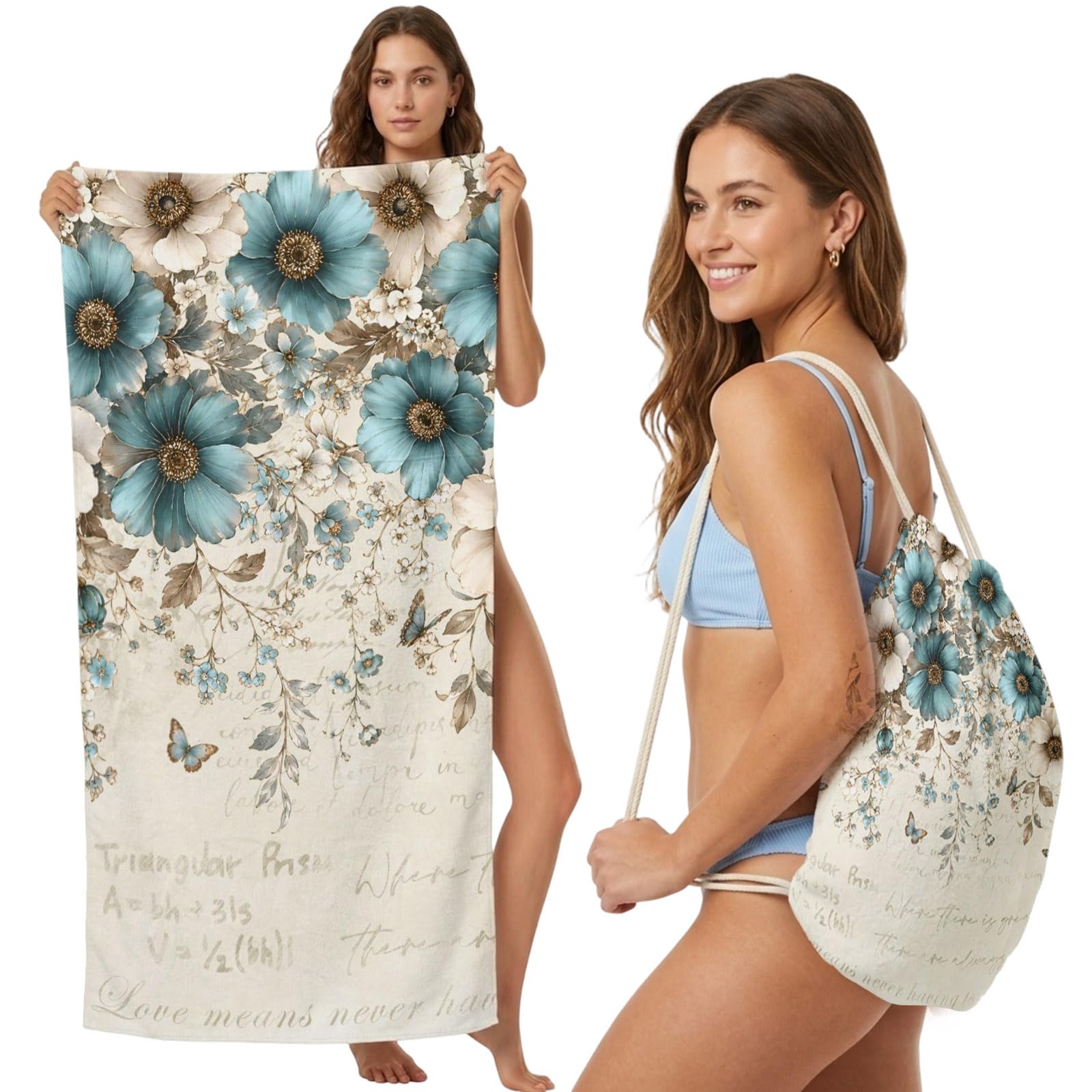 Beach Towel Bag 2 in 1 Teal Blue White Blossoms Bath Pool Towels Backpack Vintage Floral Vines Petals Absorbent Beach Towel Soft Quick Dry Lightweight Packable Towels Drawstring Bag for Travel Sports