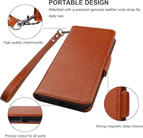 Miniatura 6 de Bocasal Funda tipo cartera para iPhone 11, soporte de piel auténtica, carga inalámbrica, bloqueo RFID, ranuras para tarjetas, funda plegable con