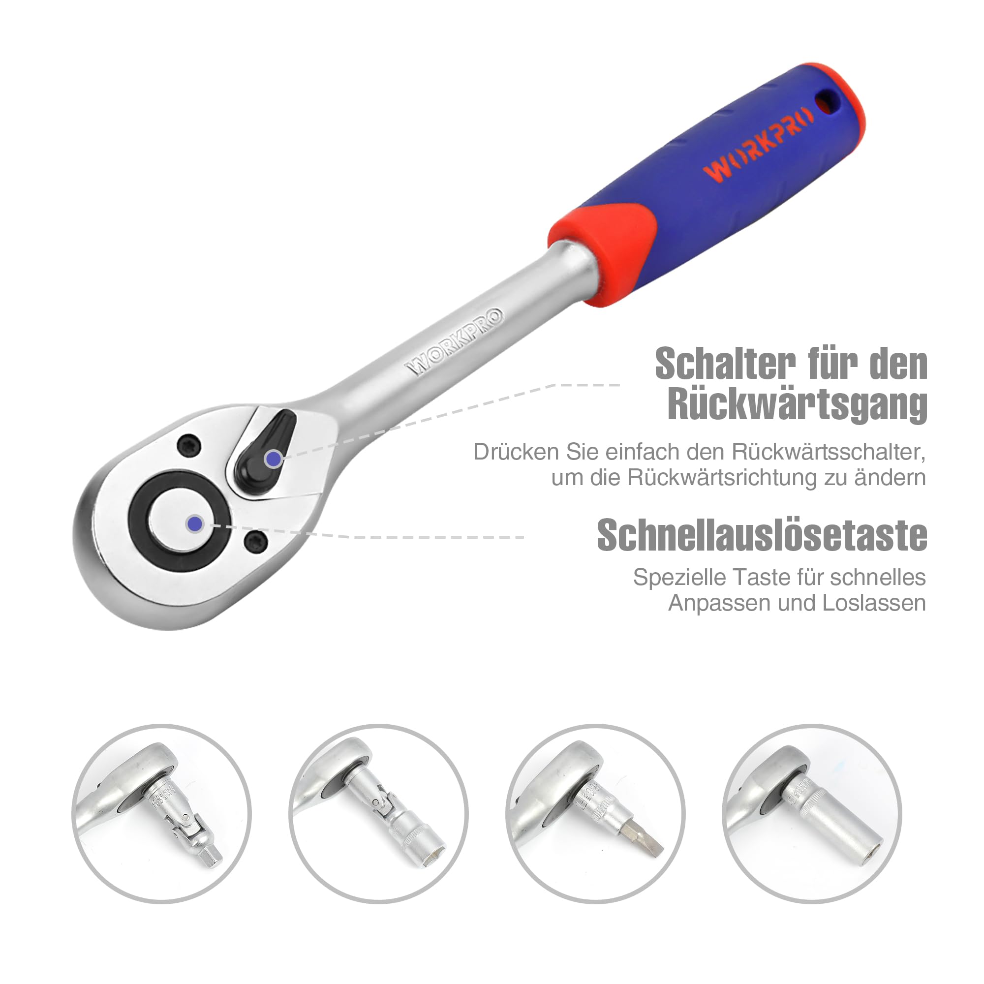 WORKPRO Steckschlüsselsatz 108-teilig, Knarrenkasten Ratschenkasten für Auto, mit 1/4" und 1/2" Umschaltknarre, Ratschen, Steckschlüssel, Bitsatz, Steckschlüsseleinsätze, Werkzeugkoffer