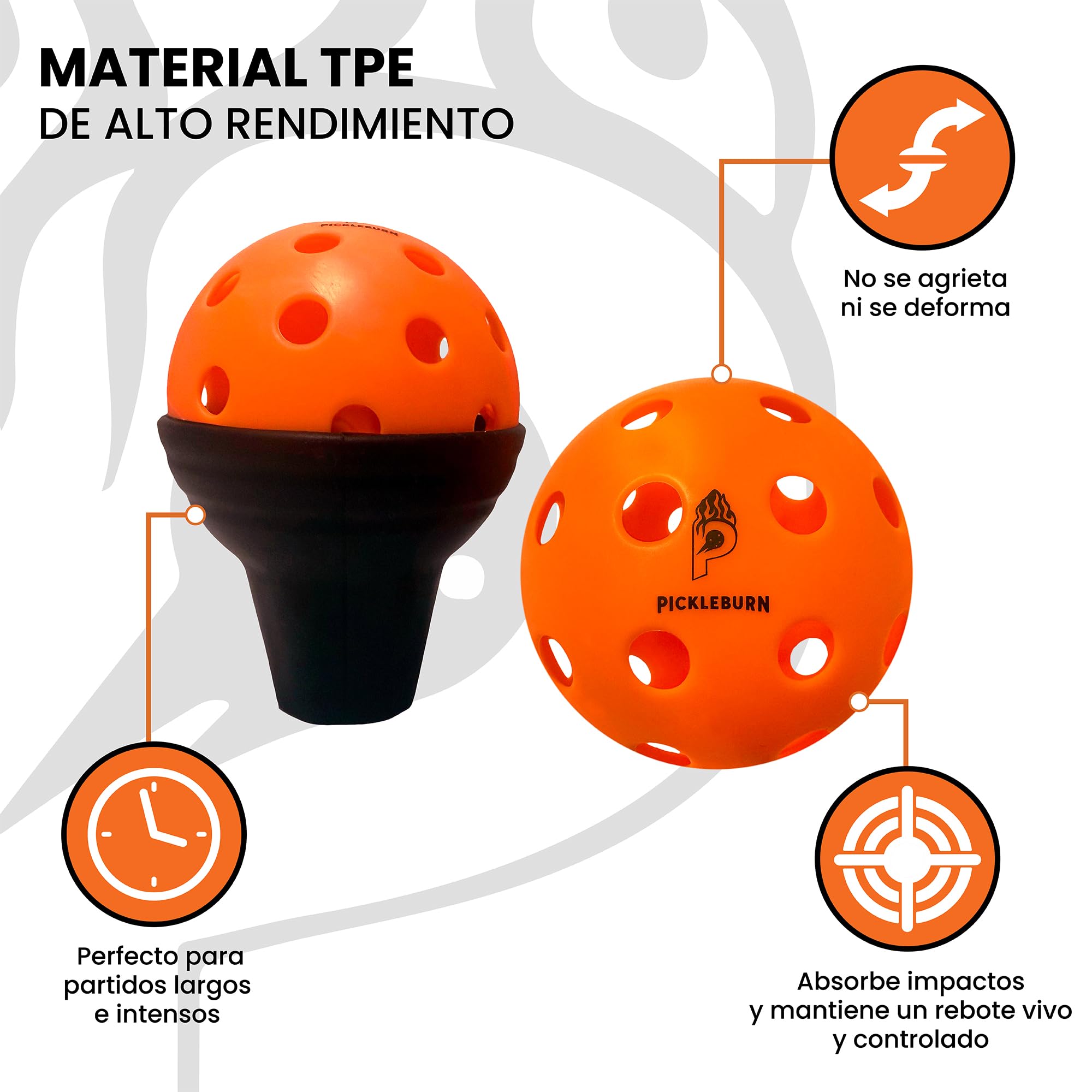 BurnCourt 40 - Bolas Pickleball Naranja Neón Pack de 6 Pelotas para Juego Exterior Outdoor 40 Agujeros Rebote Alto y Preciso con Bolsa y Pickers para Todos los Niveles