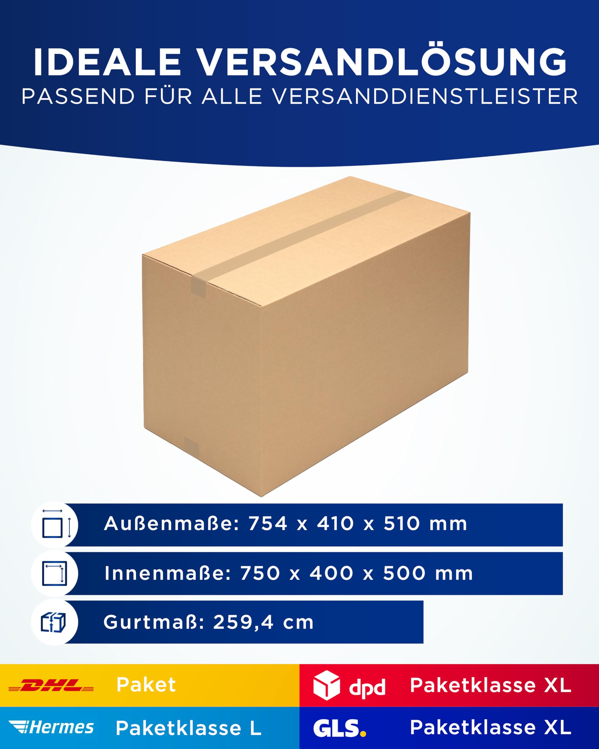KK Verpackungen Versandkartons 750 x 400 x 500 mm Braun 1-wellig (Außenmaß 754 x 410 x 510 mm) | 10 Stück, Faltkartons Kartons für Versand als DHL Paket Hermes Paketklasse L DPD GLS Paketklasse XL