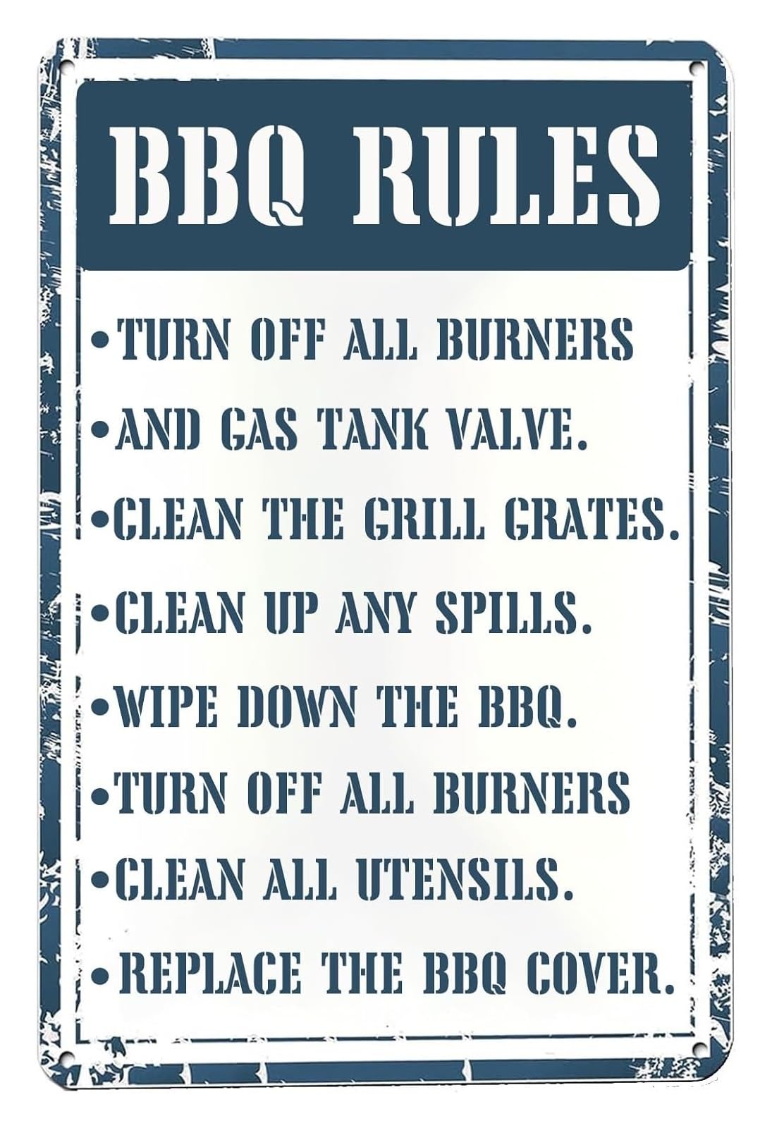 FNYUVNFAF Vintage Funny Metal Sign BBQ Rules Grilling Reminder Turn Off Burners Gas for Man Cave Pub Garage Kitchen 8 X 12 inch