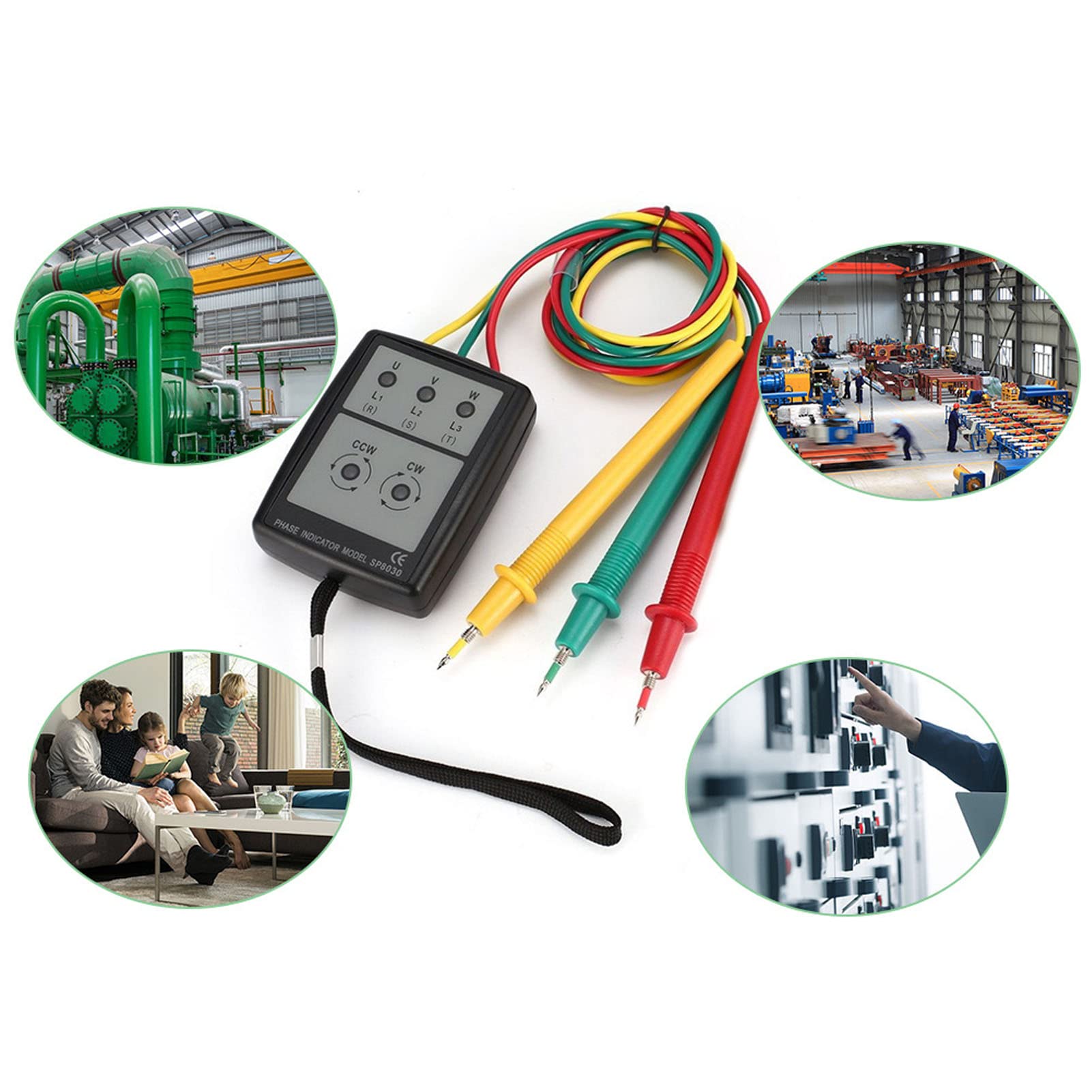 5 LED Indicator Phase Rotation Meter, 3 Test Leads Sequence Rotation Tester Used in Home, Factory, 700mm, 60V to 600V AC